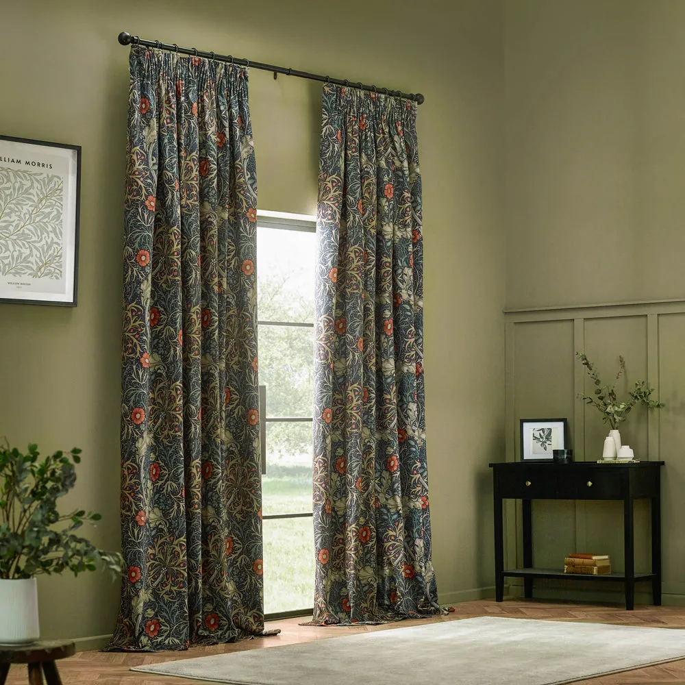 Seaweed Printed Velvet Pencil Pleat Curtains Indigo
