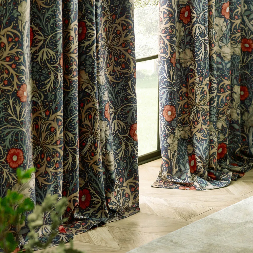 Seaweed Printed Velvet Pencil Pleat Curtains Indigo
