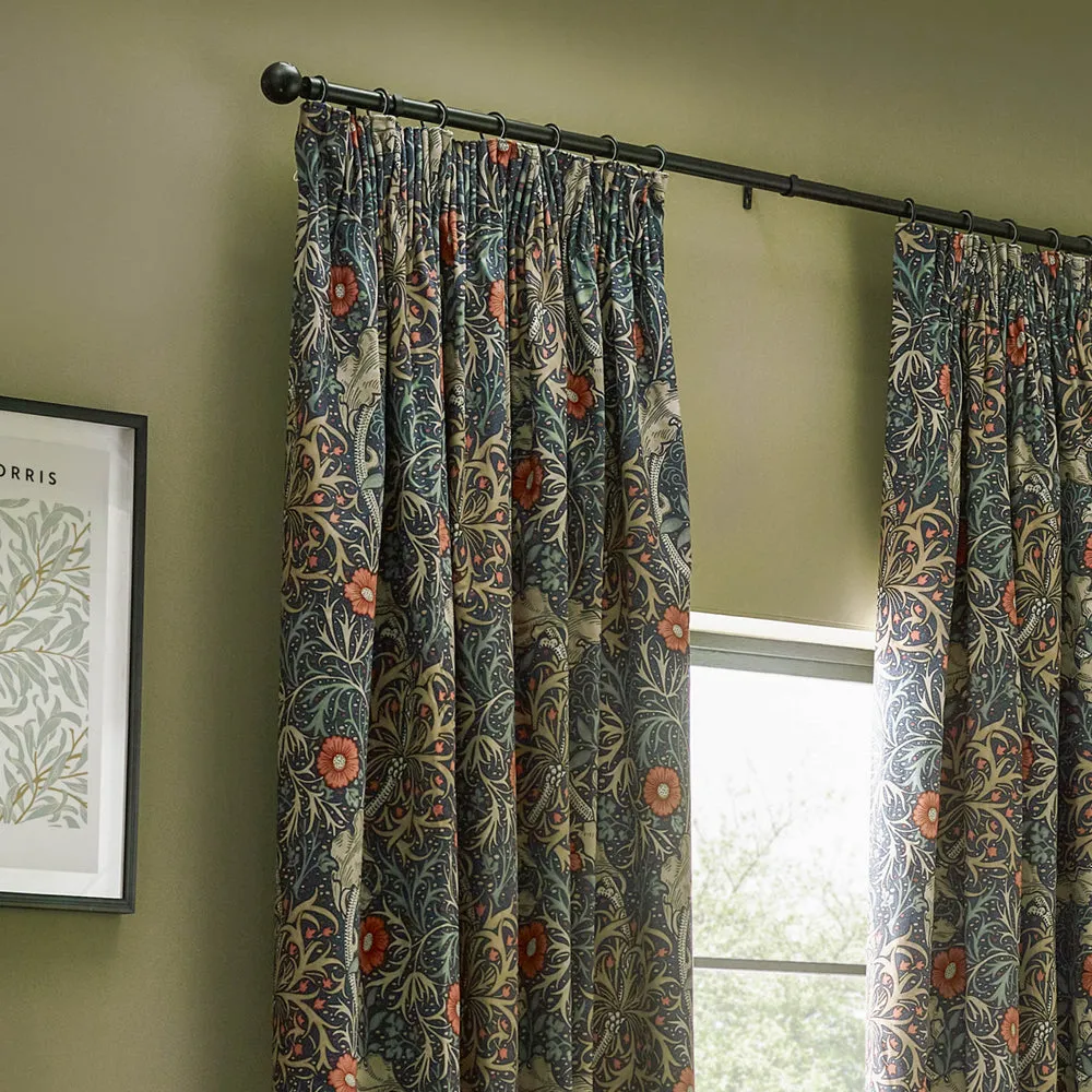 Seaweed Printed Velvet Pencil Pleat Curtains Indigo