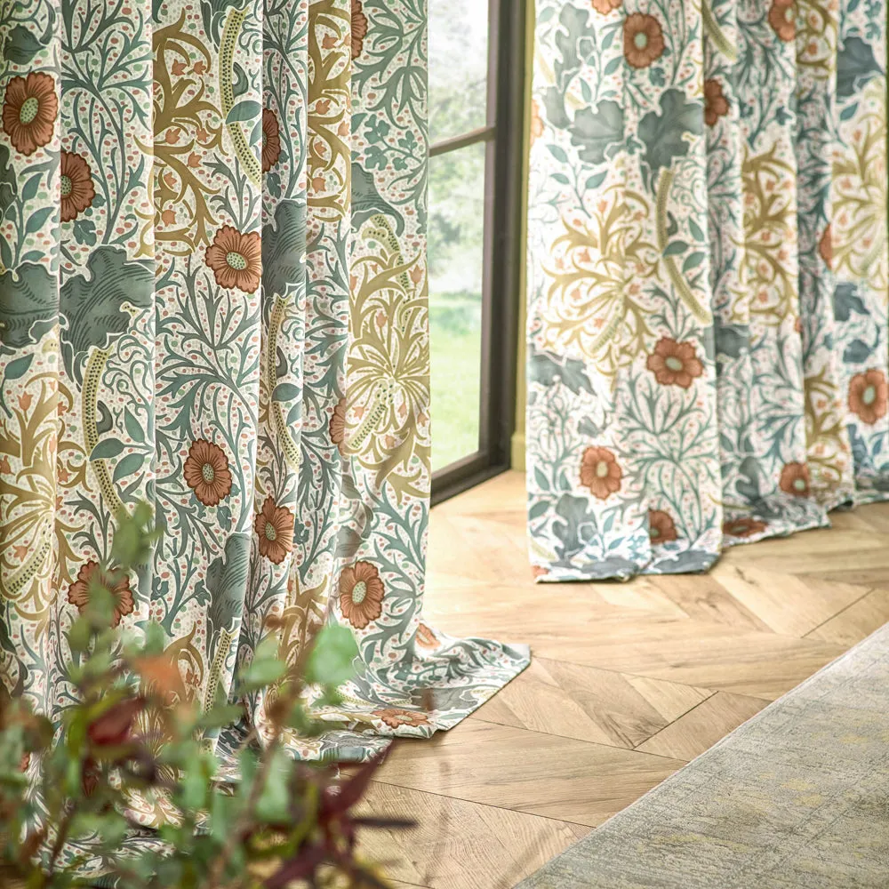 Seaweed Printed Velvet Pencil Pleat Curtains Stone/Sunflower