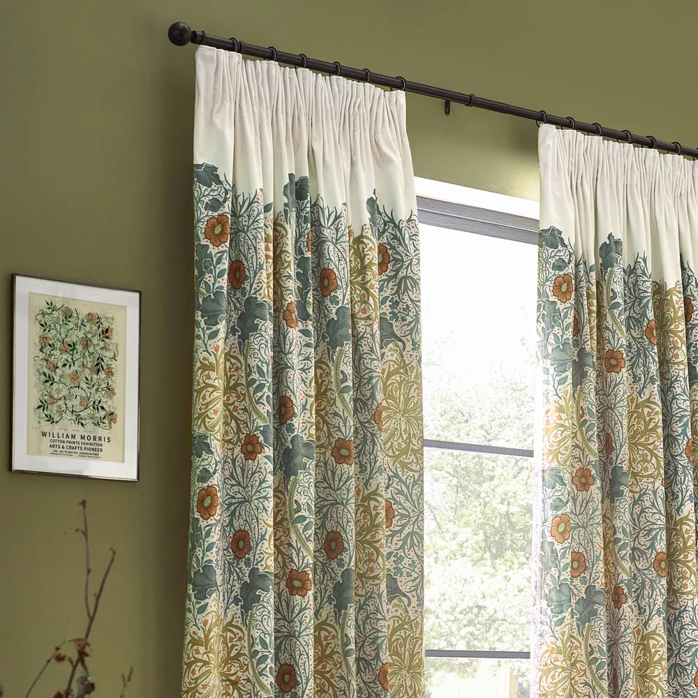 Seaweed Printed Velvet Pencil Pleat Curtains Stone/Sunflower