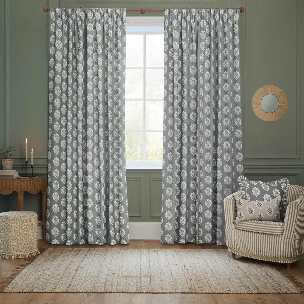 Sessile Leaf Motif Pencil Pleat Curtains Delph Blue modern fashion rug  