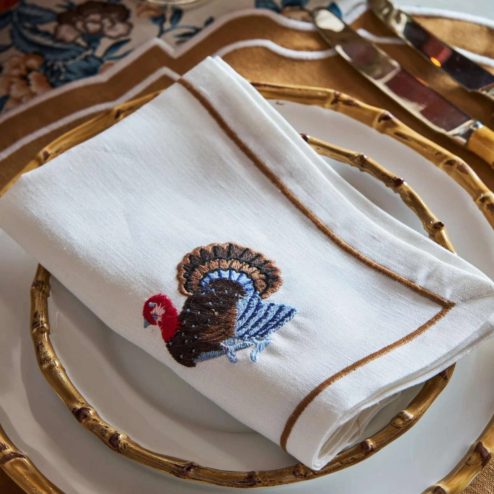 Set fo 4 Embroidered Turkey Dinner Napkins