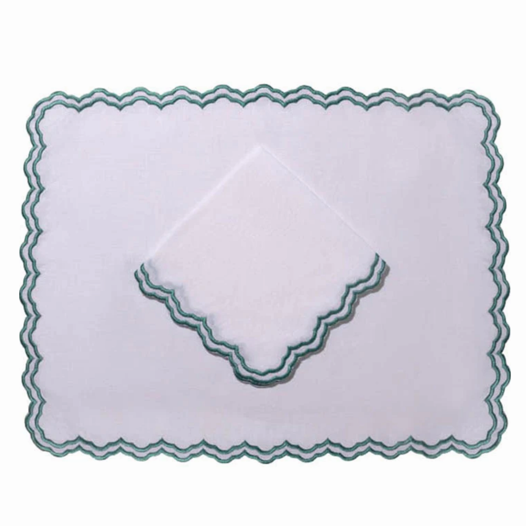 Set of 12 White Linen Embroidered Placemats & Napkins With Green Trim mini desktop sculpture