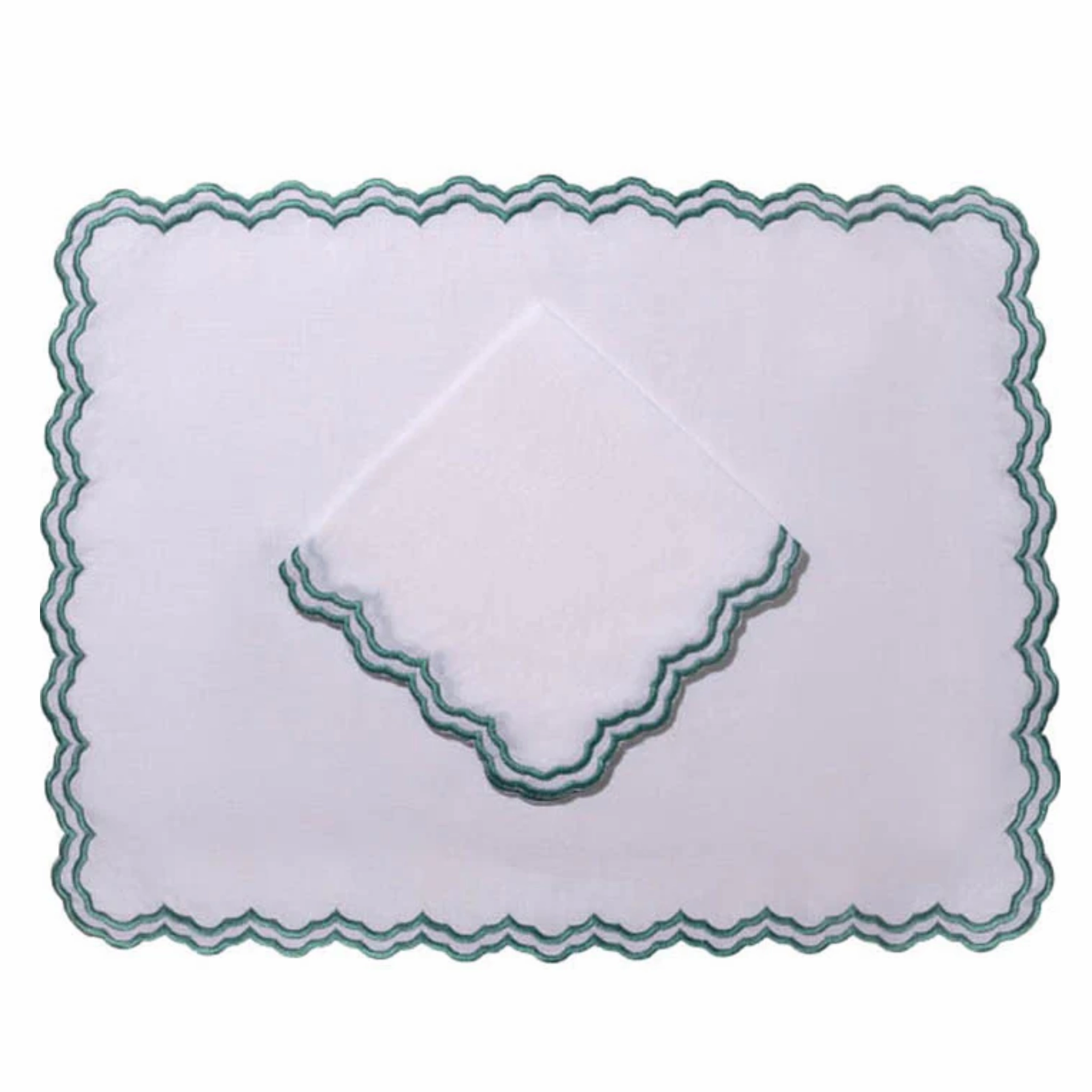 Set of 12 White Linen Embroidered Placemats & Napkins With Green Trim cute desktop display