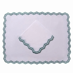 Set of 12 White Linen Embroidered Placemats & Napkins With Green Trim mini desktop sculpture