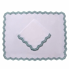 Set of 12 White Linen Embroidered Placemats & Napkins With Green Trim cute desktop display