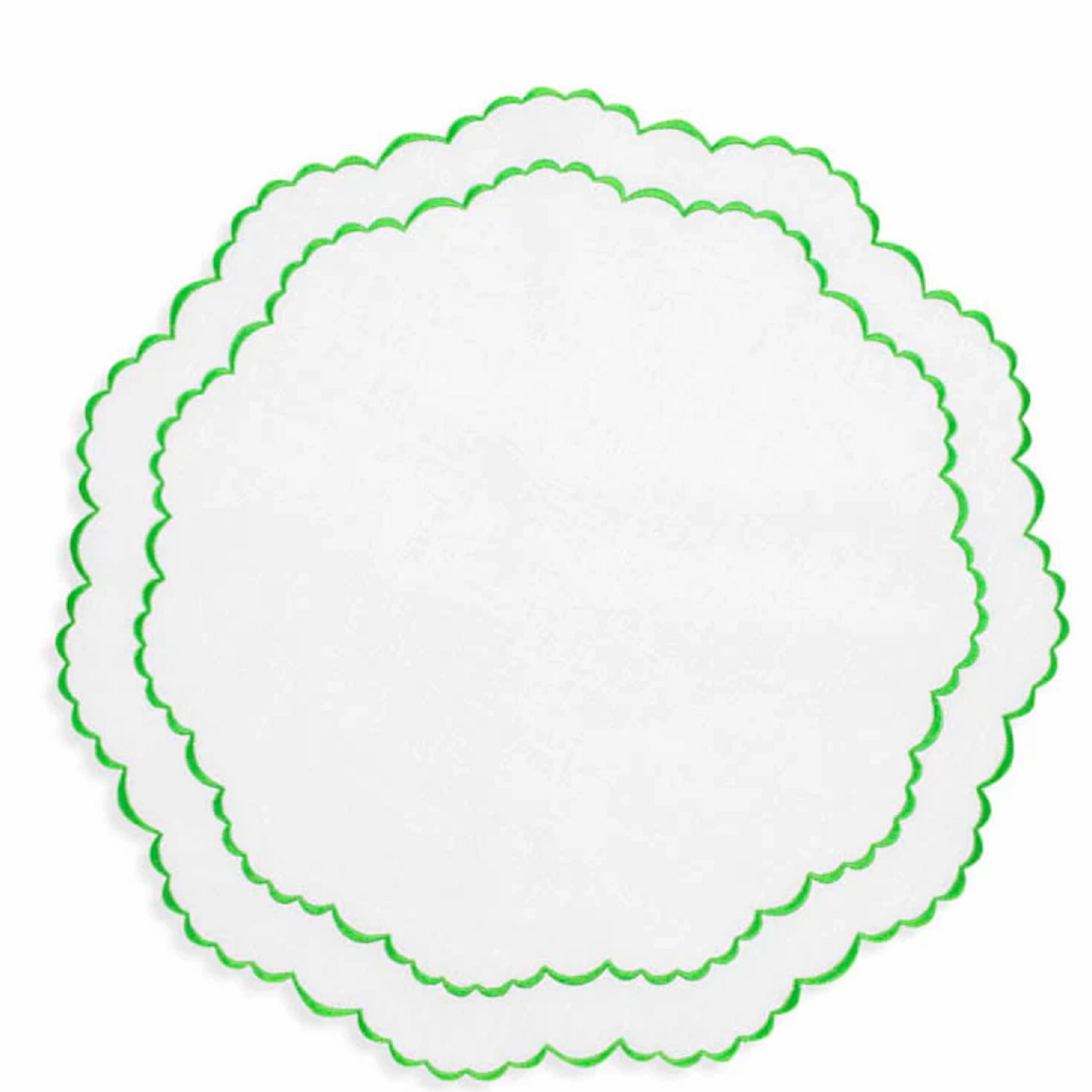 Set of 12 White Linen Embroidered With Apple Green Trim Placemats & Napkins