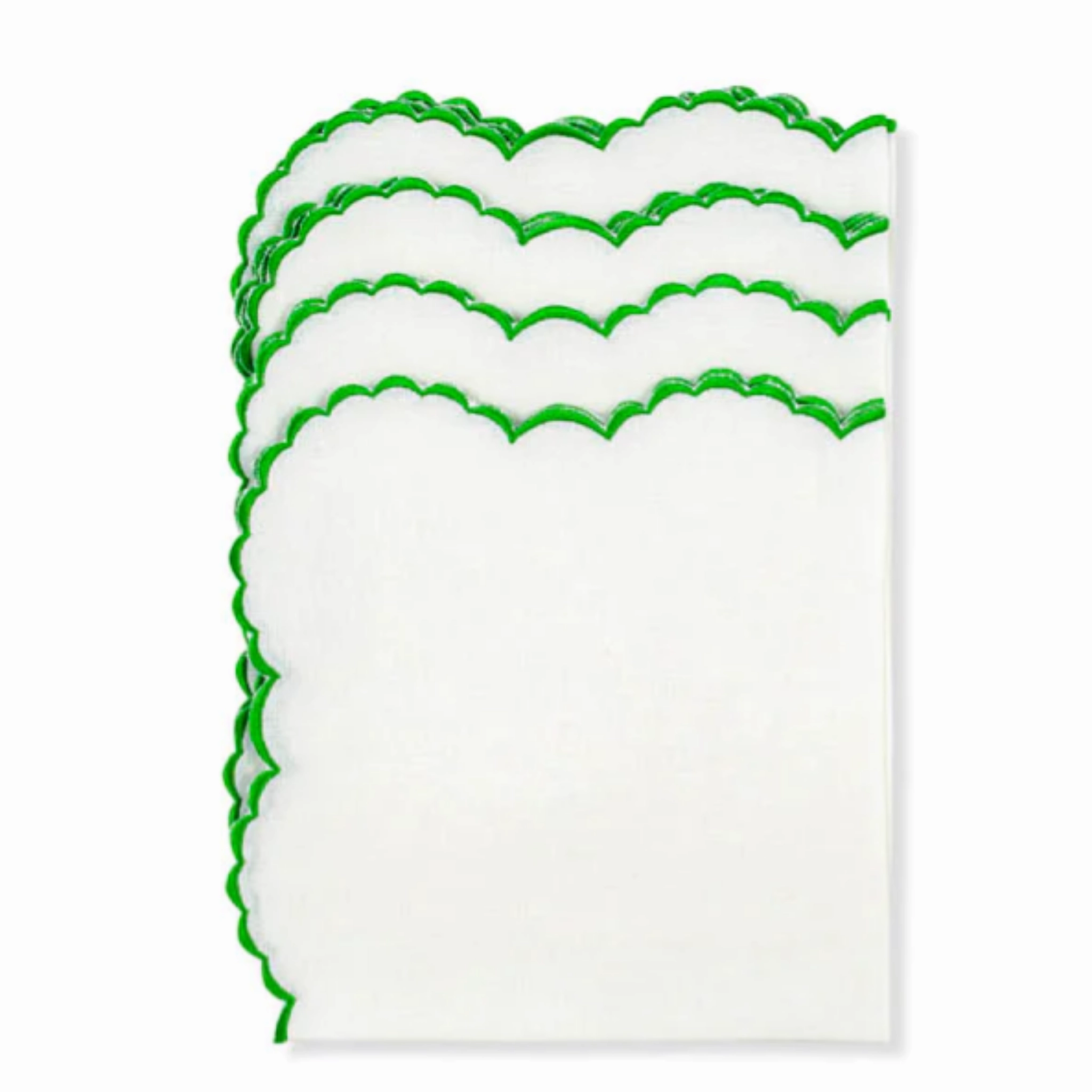 Set of 12 White Linen Embroidered With Apple Green Trim Placemats & Napkins