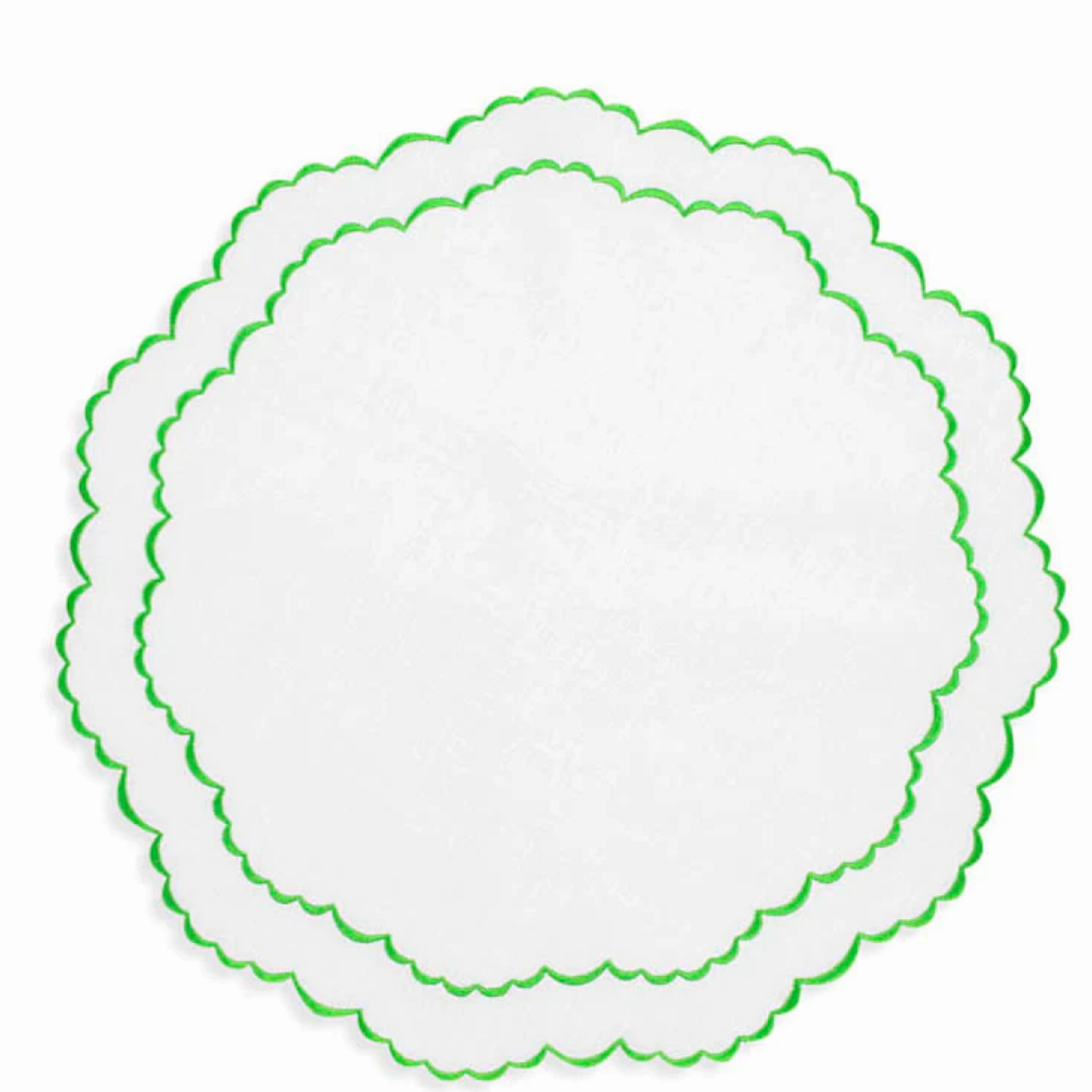 Set of 12 White Linen Embroidered With Apple Green Trim Placemats & Napkins