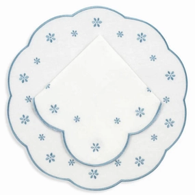 Set of 12 White Linen Embroidered With Blue Flowers Placemats & Napkins cute desktop display