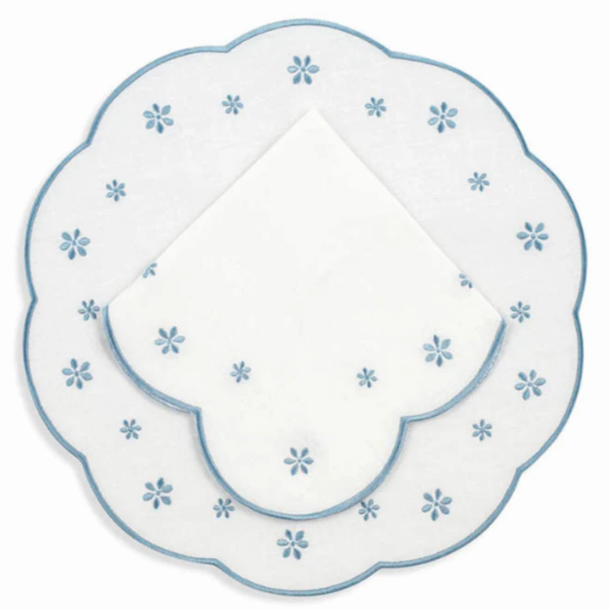 Set of 12 White Linen Embroidered With Blue Flowers Placemats & Napkins mini desktop sculpture