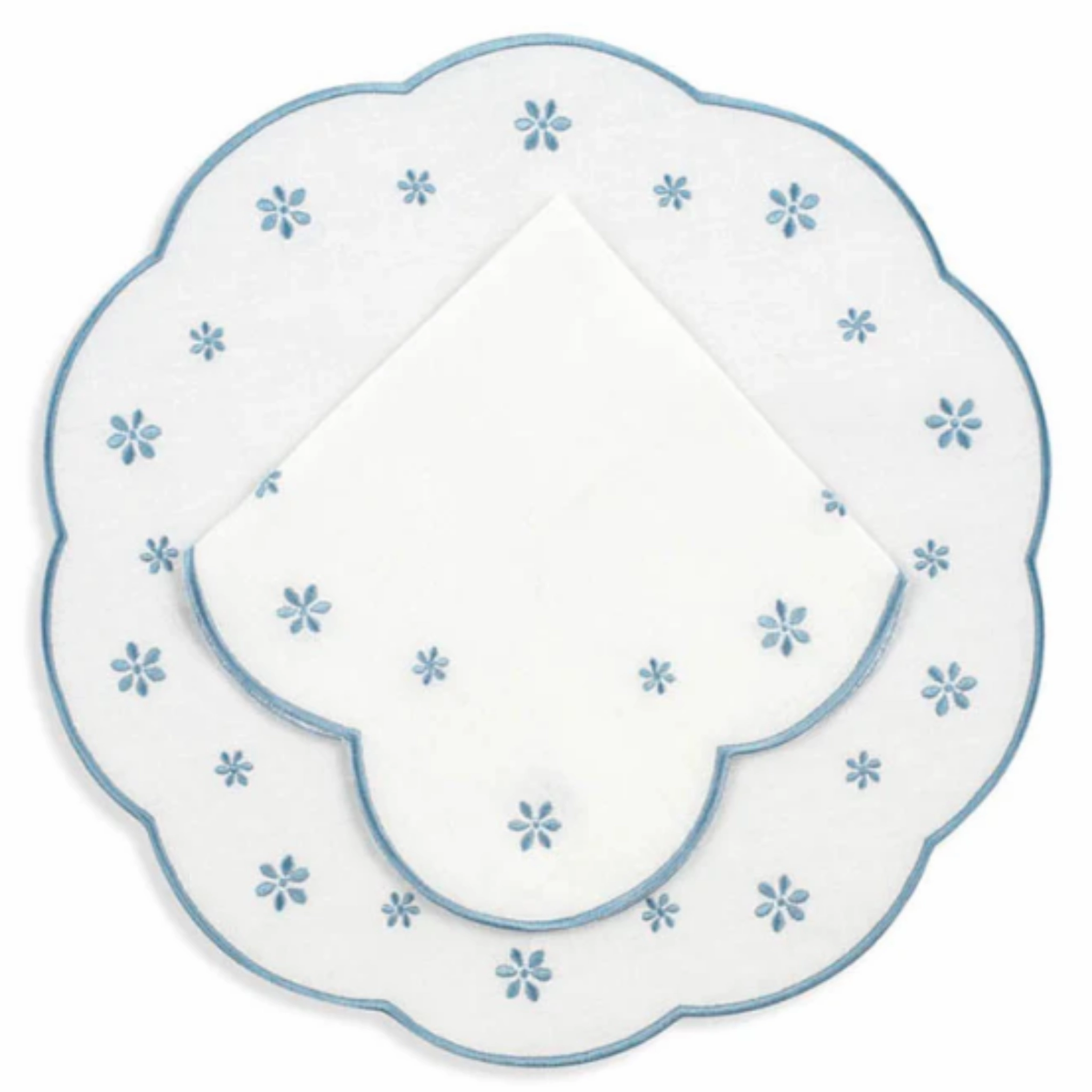 Set of 12 White Linen Embroidered With Blue Flowers Placemats & Napkins cute desktop display