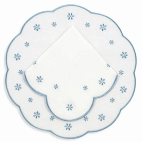 Set of 12 White Linen Embroidered With Blue Flowers Placemats & Napkins mini desktop sculpture