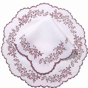 Set of 12 White Linen Embroidered With Burgundy Vines Placemats & Napkins cute desktop display
