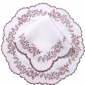 Set of 12 White Linen Embroidered With Burgundy Vines Placemats & Napkins mini desktop sculpture