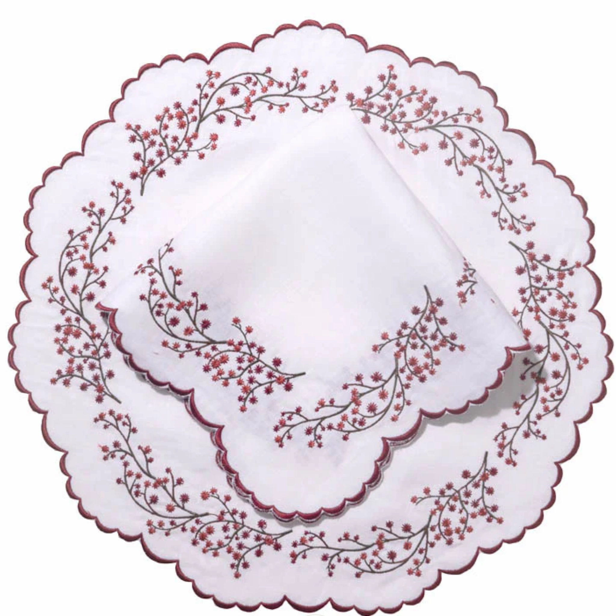 Set of 12 White Linen Embroidered With Burgundy Vines Placemats & Napkins cute desktop display