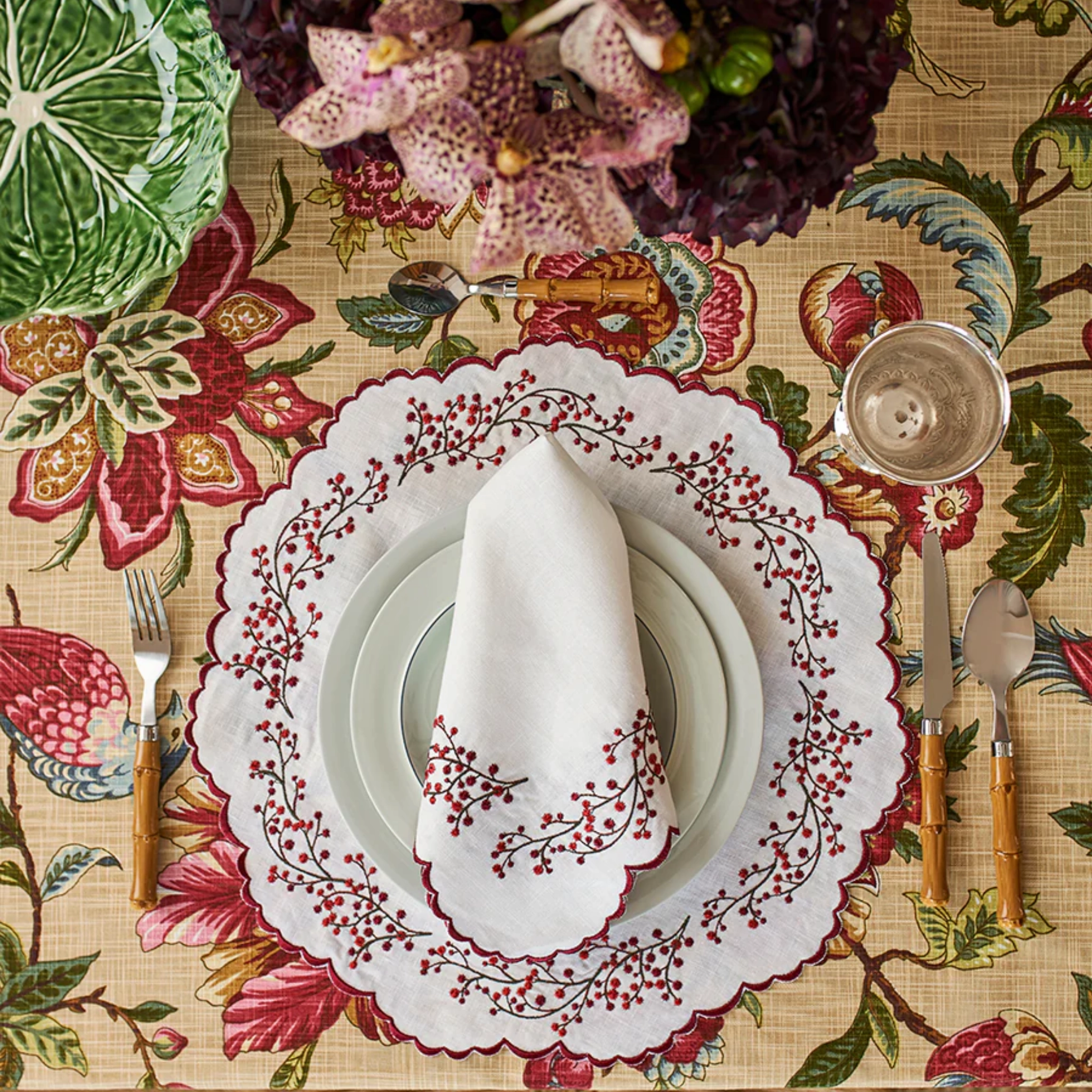 Set of 12 White Linen Embroidered With Burgundy Vines Placemats & Napkins