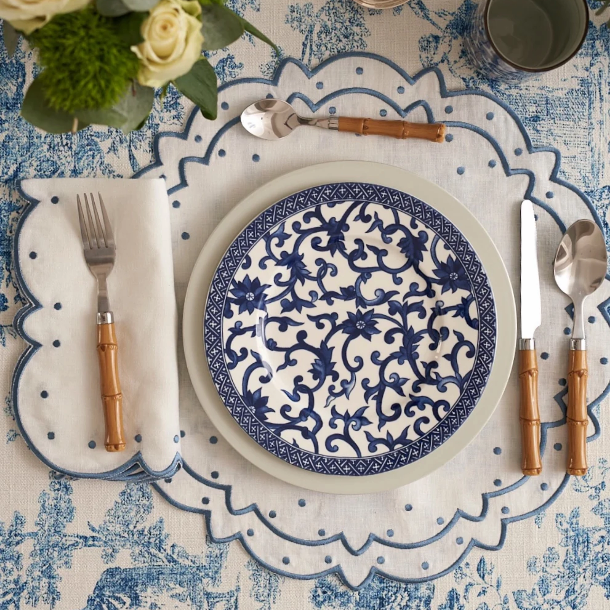 Set of 12 White Placemats With Blue Embroidery