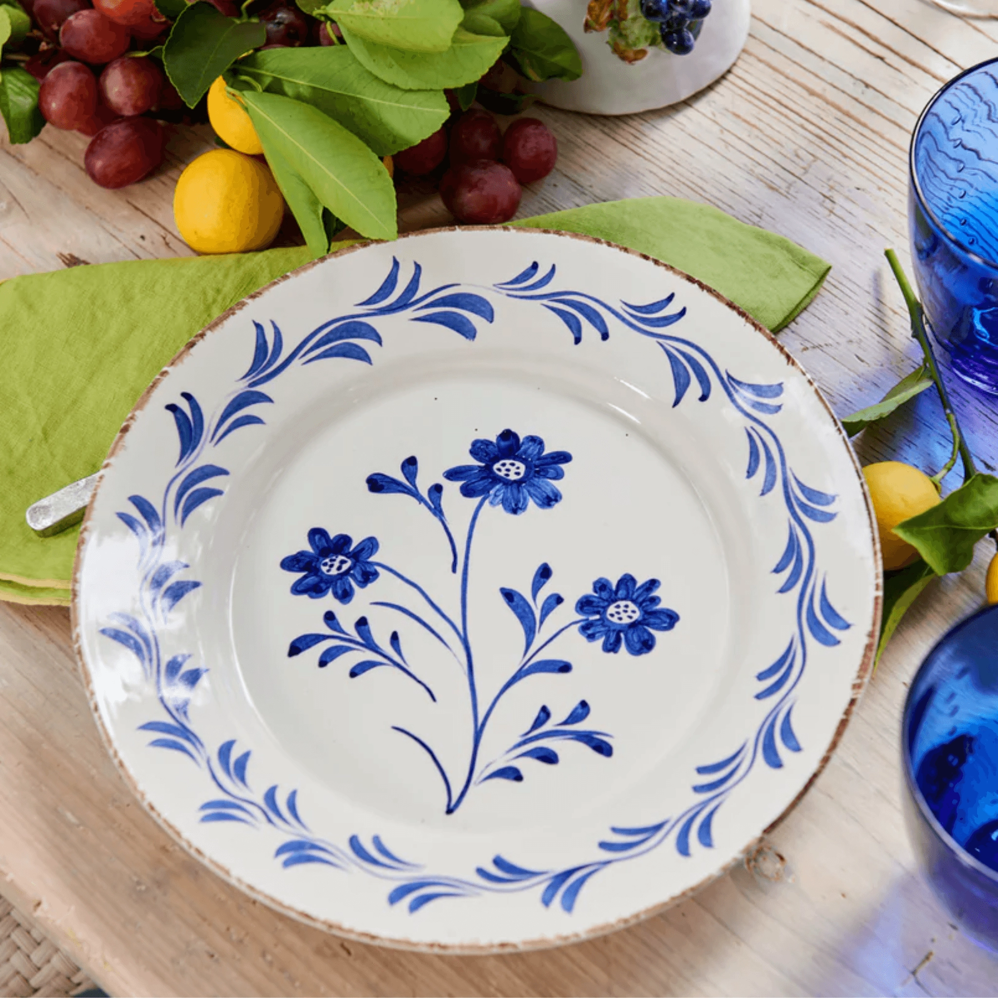 Set of 2 Hand Painted Blue & White Flowers and Vines Dinner Plates