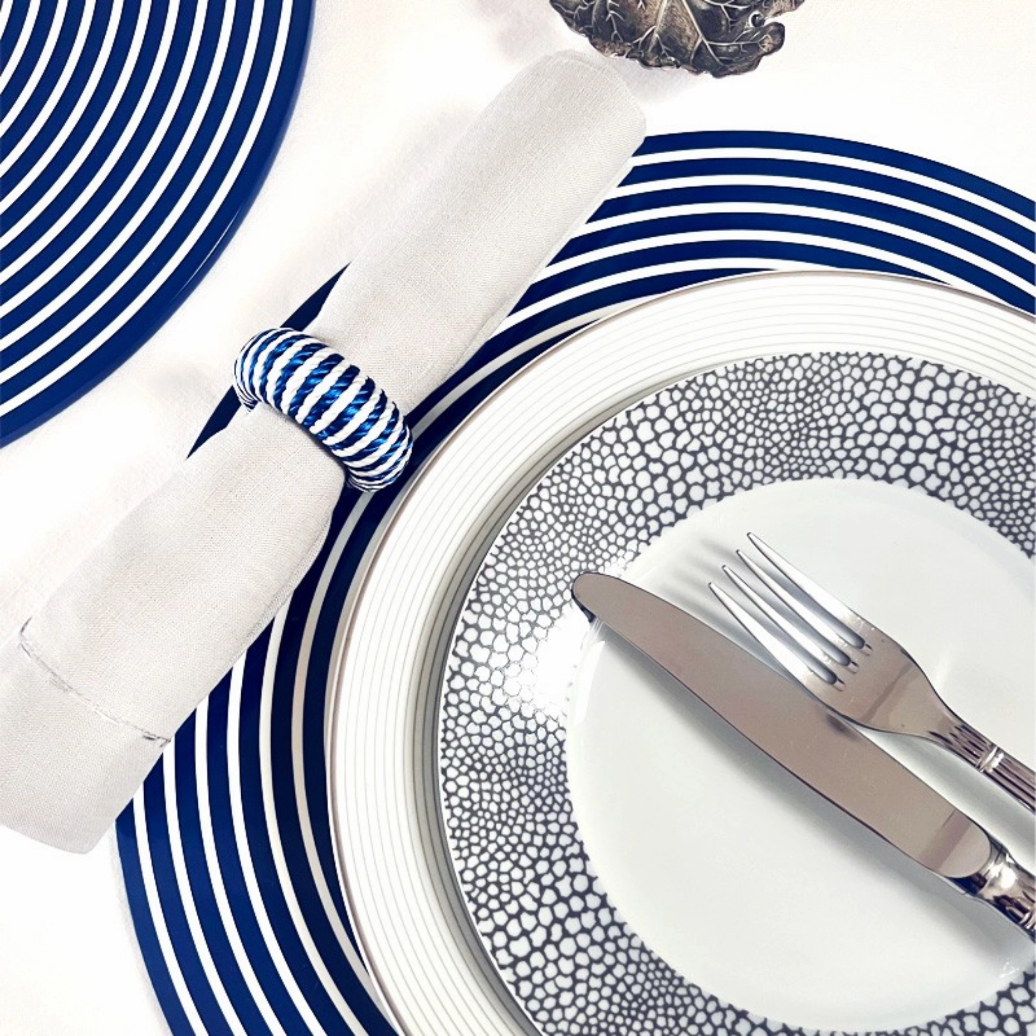 Set of 2 Round Blue & White Lacquer Stripe Placemats