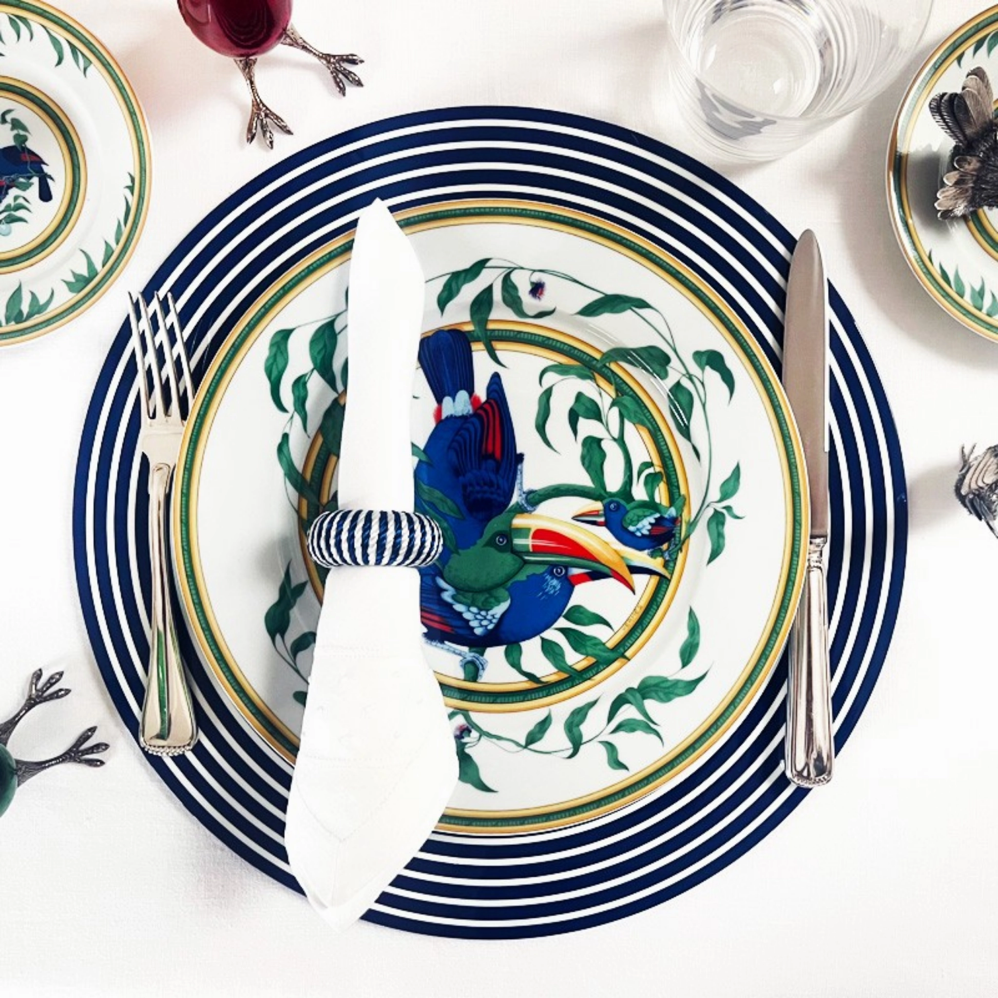 Set of 2 Round Blue & White Lacquer Stripe Placemats