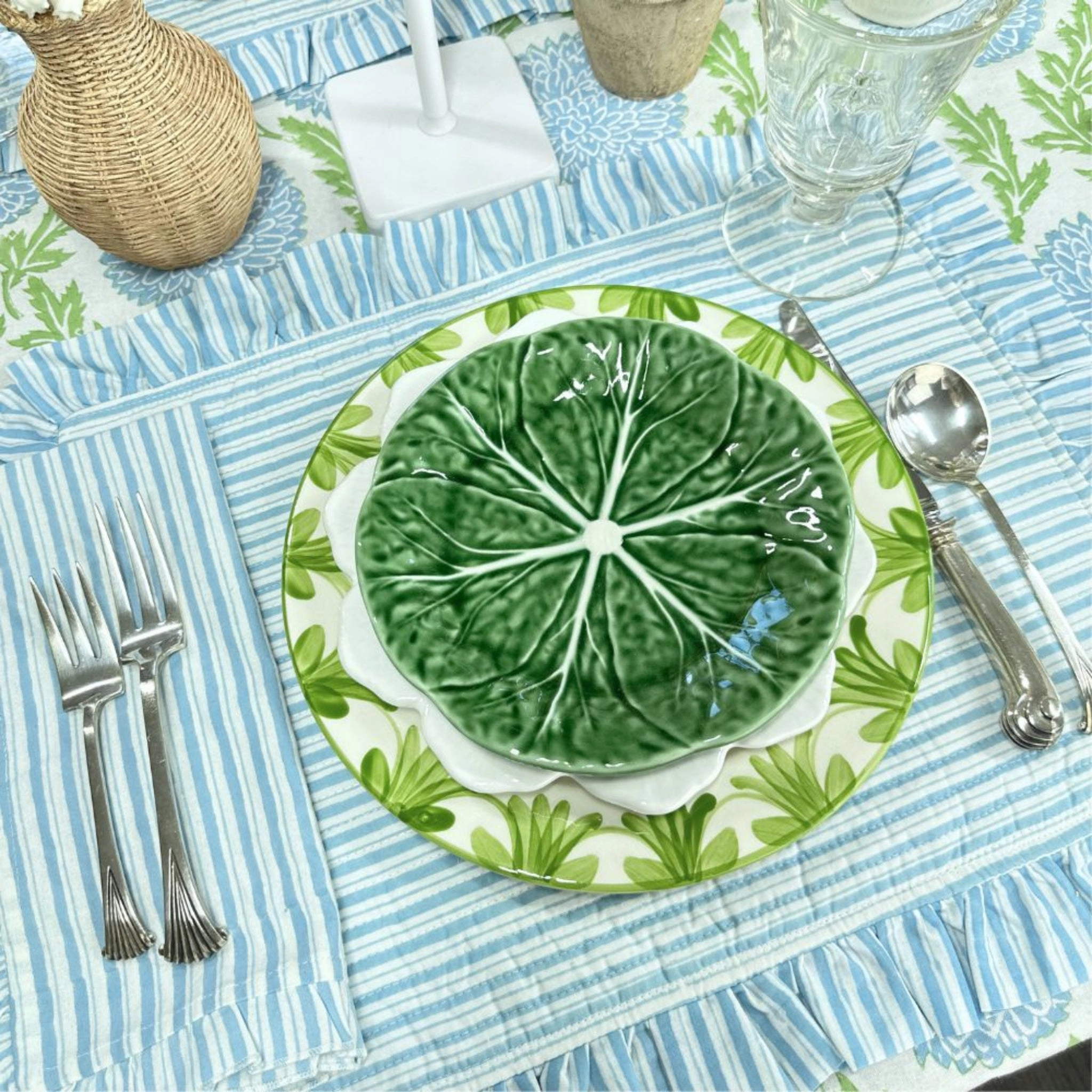 Set of 4 Blue Striped Quilted Placemats with Ruffle