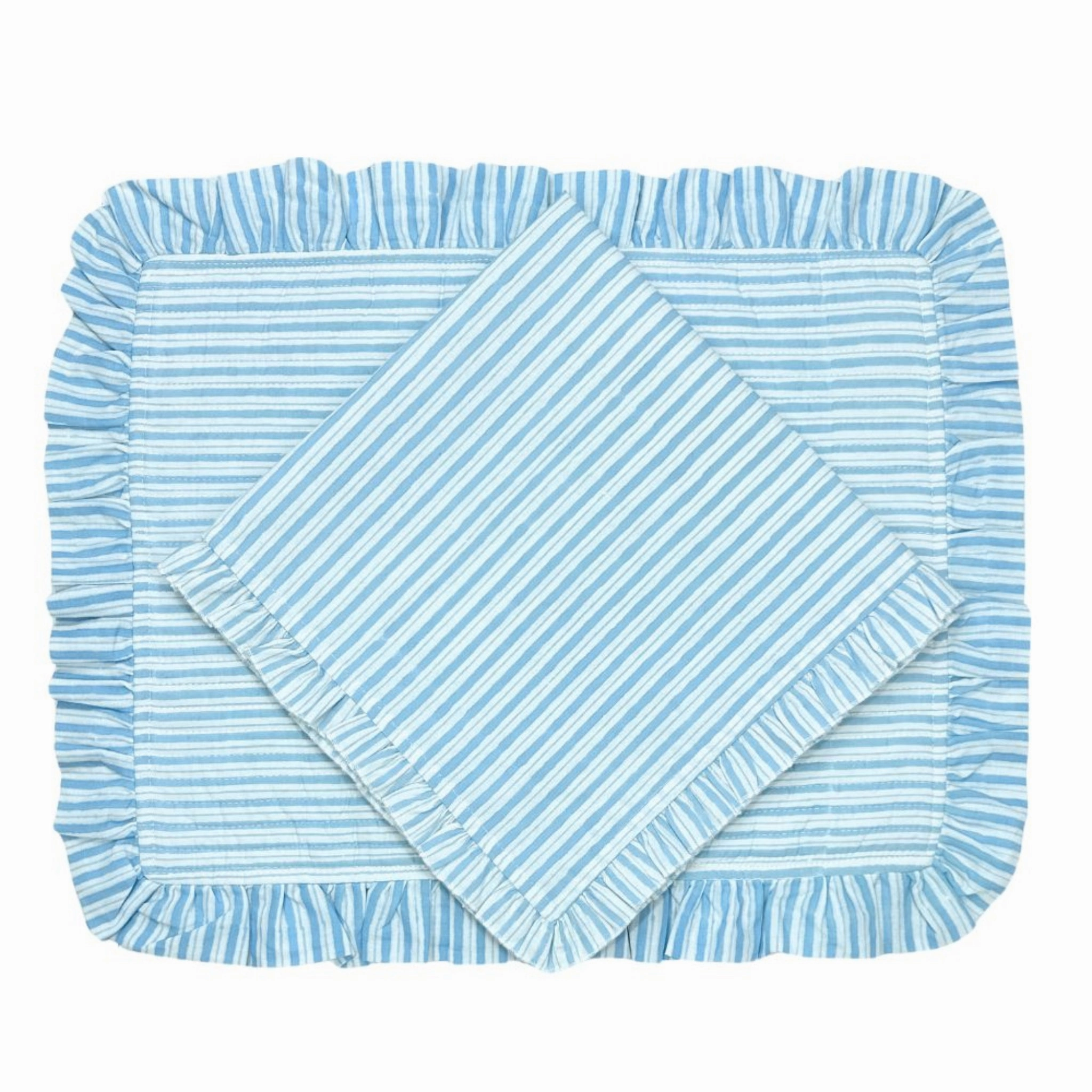 Set of 4 Blue Striped Quilted Placemats with Ruffle