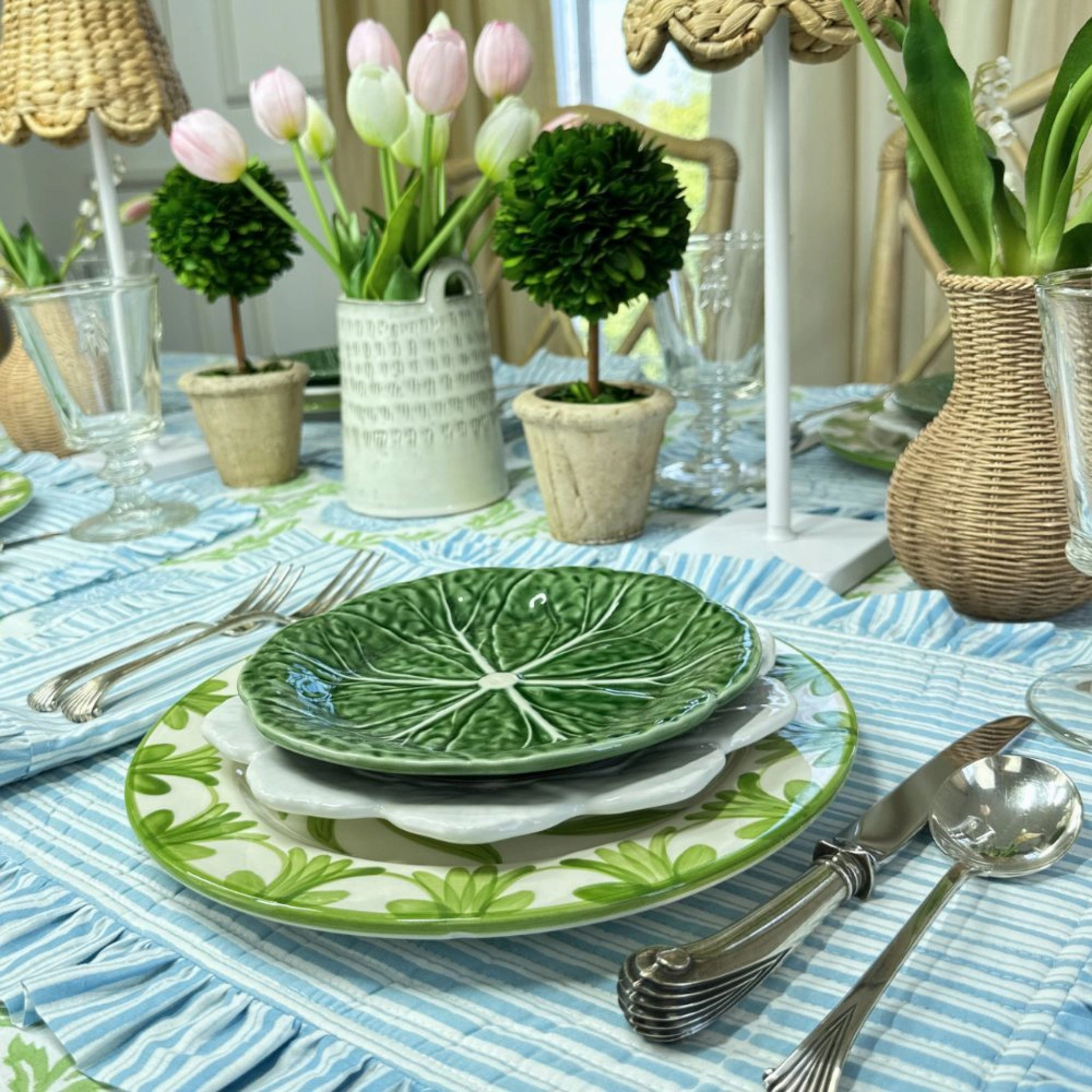Set of 4 Blue Striped Quilted Placemats with Ruffle
