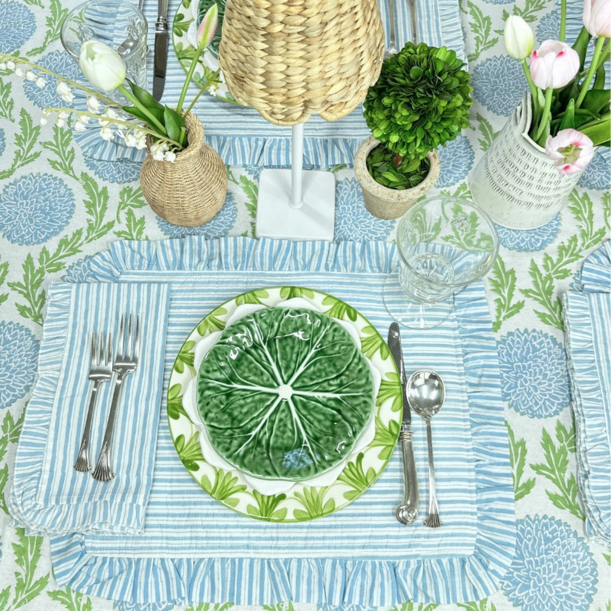 Set of 4 Blue Striped Quilted Placemats with Ruffle
