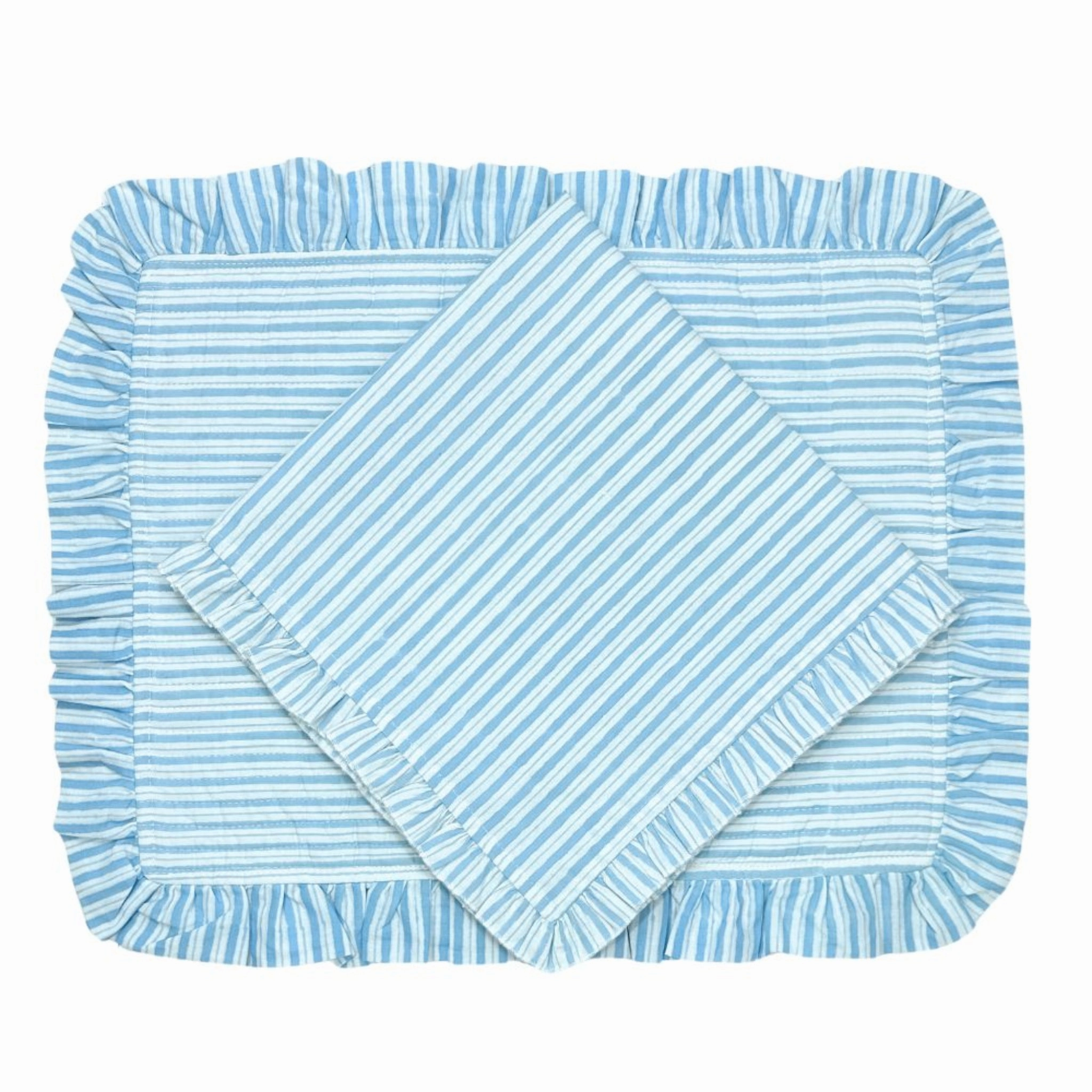 Set of 4 Blue Striped Quilted Placemats with Ruffle
