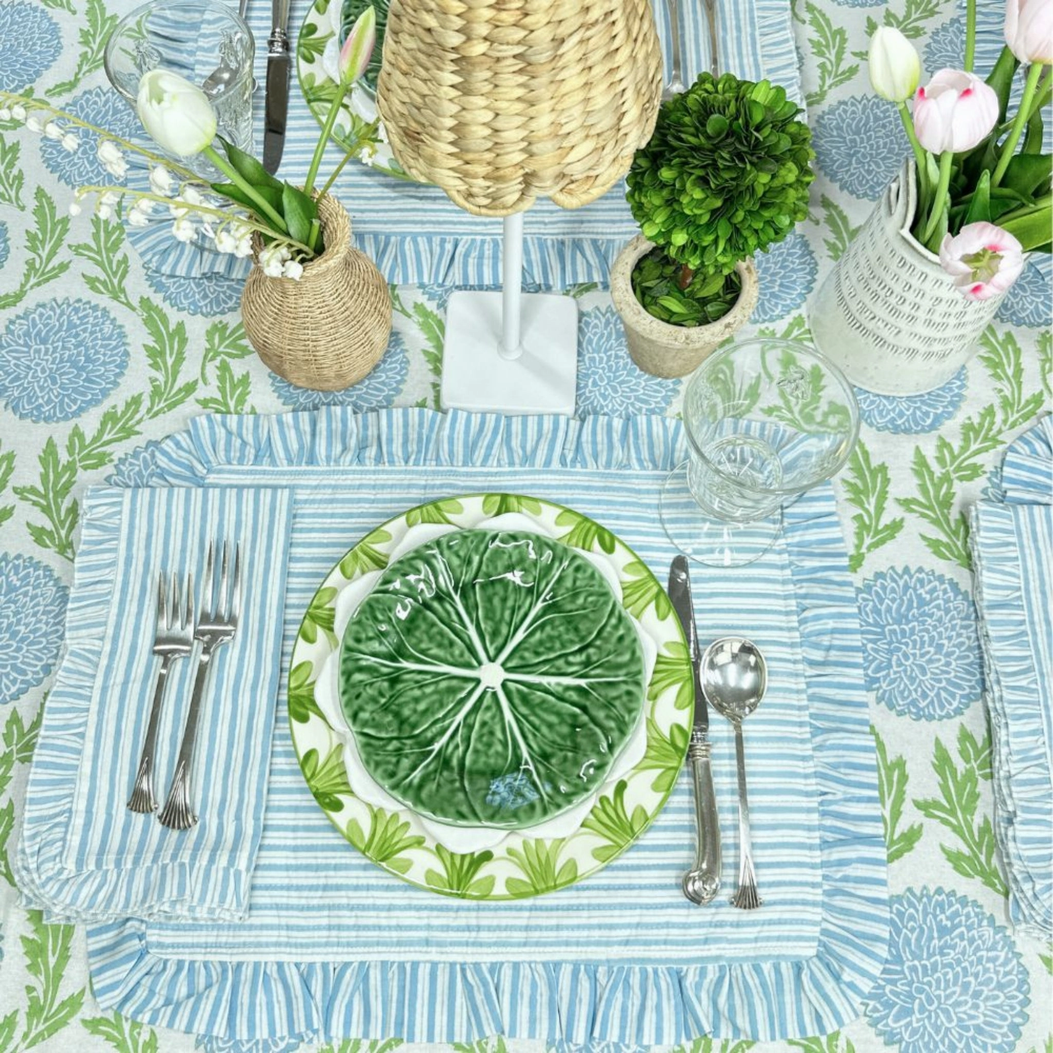 Set of 4 Blue Striped Quilted Placemats with Ruffle