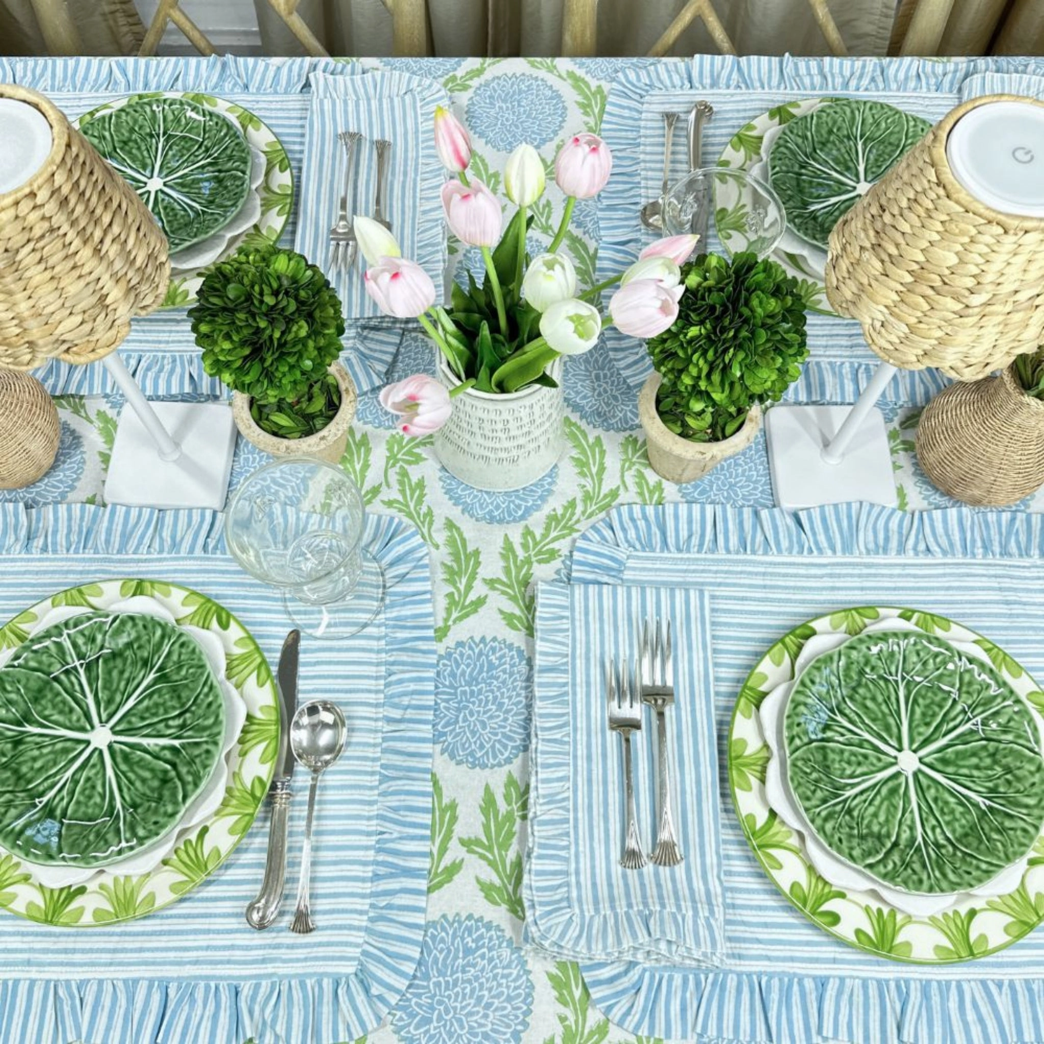 Set of 4 Blue Striped Quilted Placemats with Ruffle