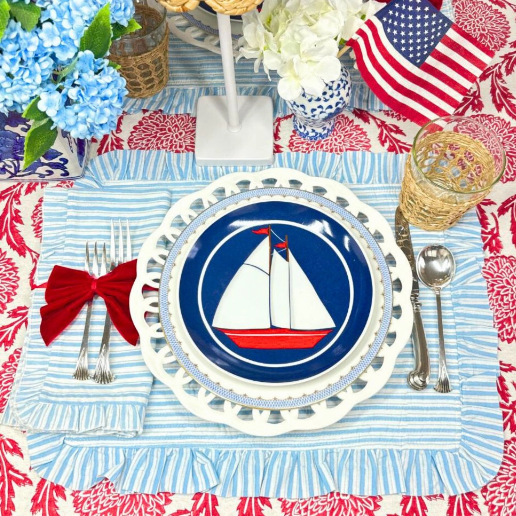 Set of 4 Blue Striped Quilted Placemats with Ruffle