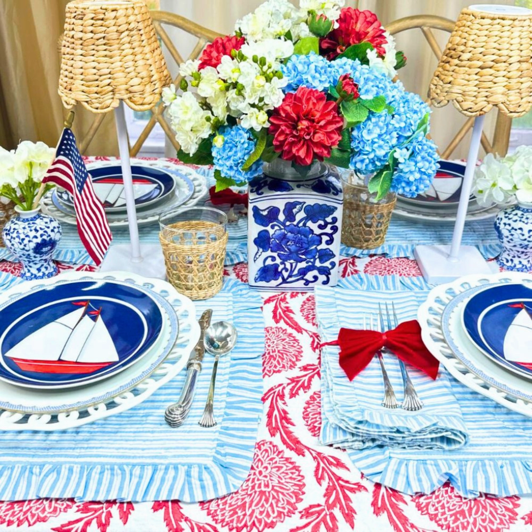 Set of 4 Blue Striped Quilted Placemats with Ruffle