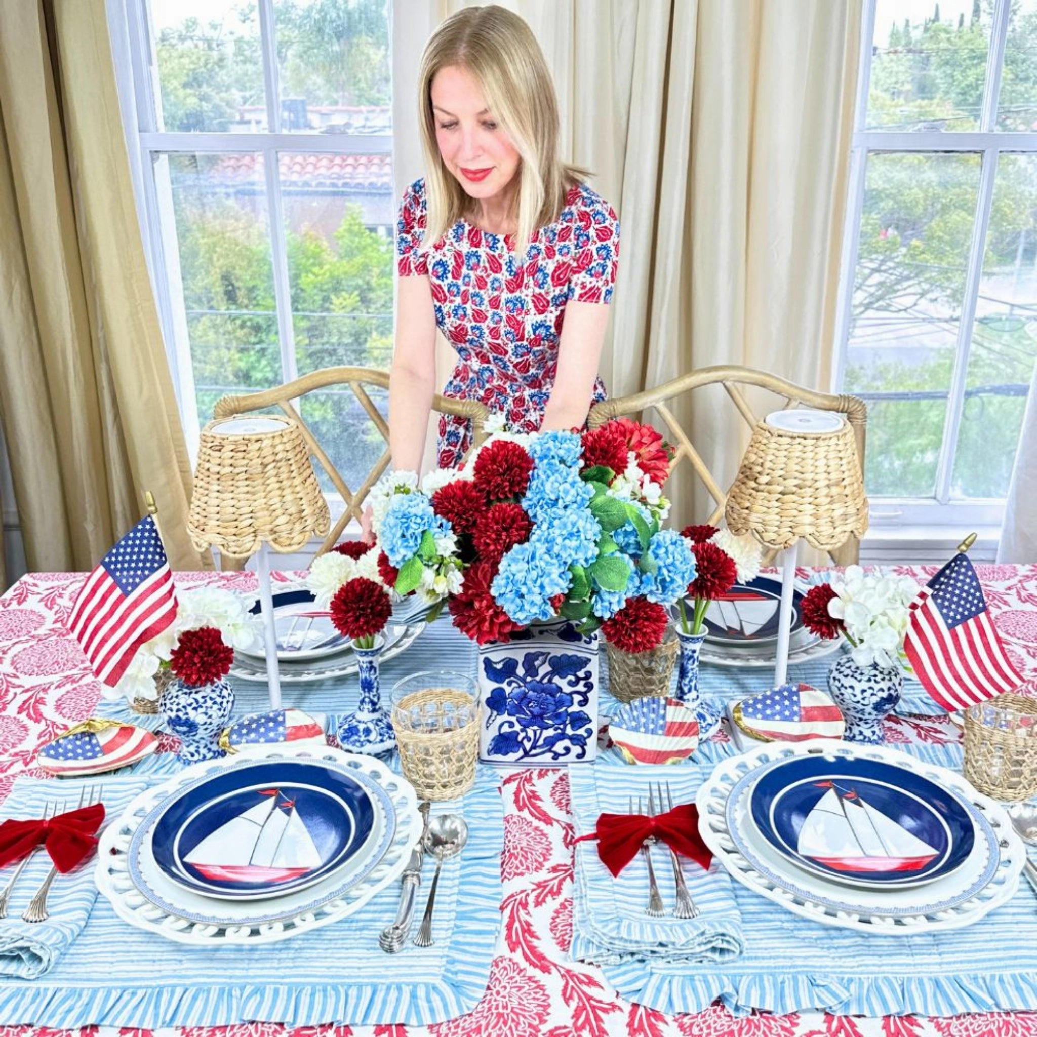 Set of 4 Blue Striped Quilted Placemats with Ruffle
