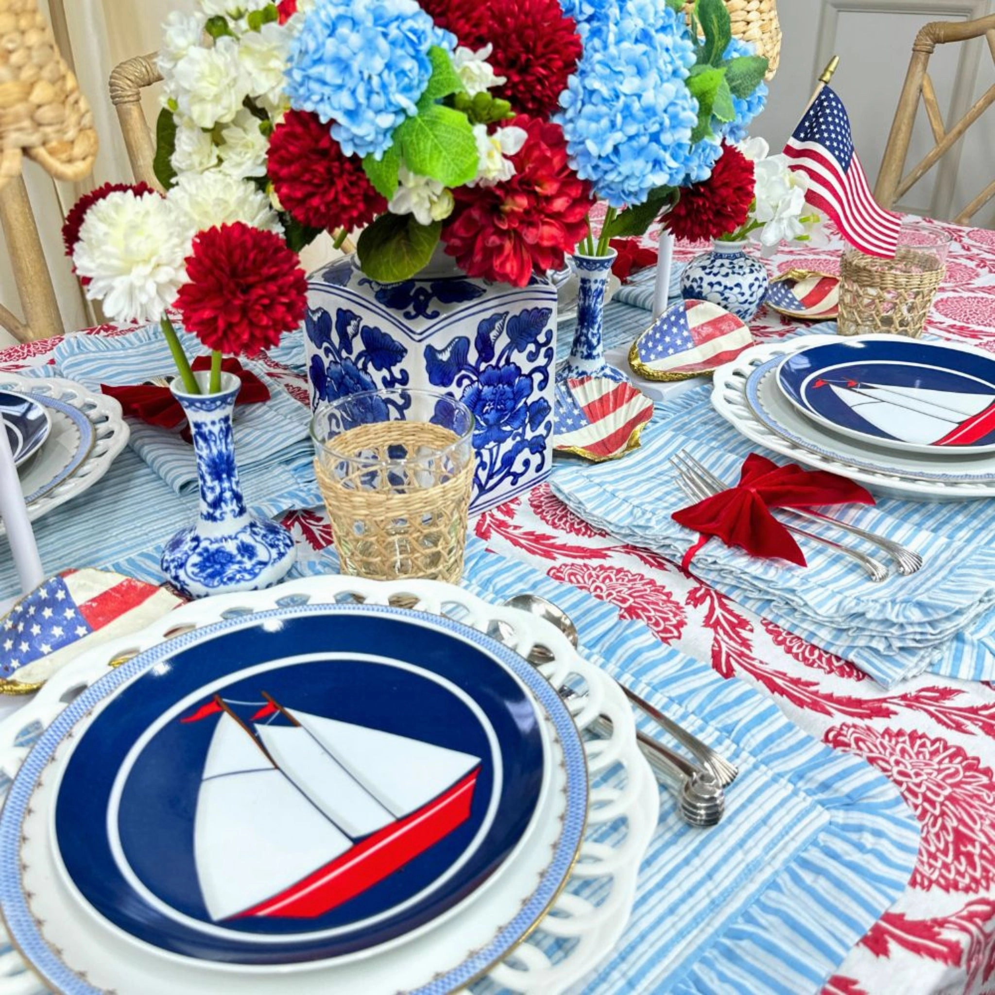 Set of 4 Blue Striped Quilted Placemats with Ruffle