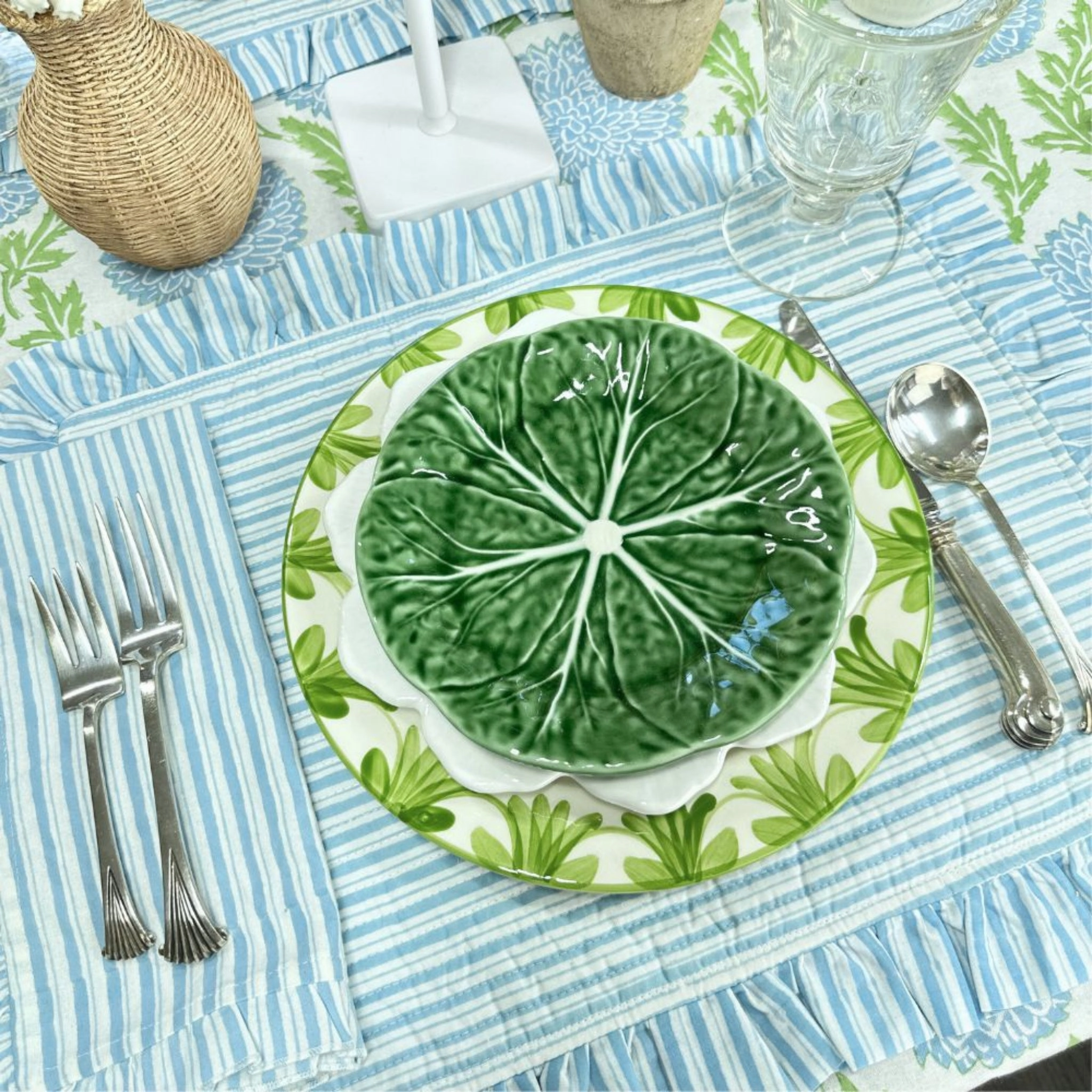 Set of 4 Blue Striped Quilted Placemats with Ruffle