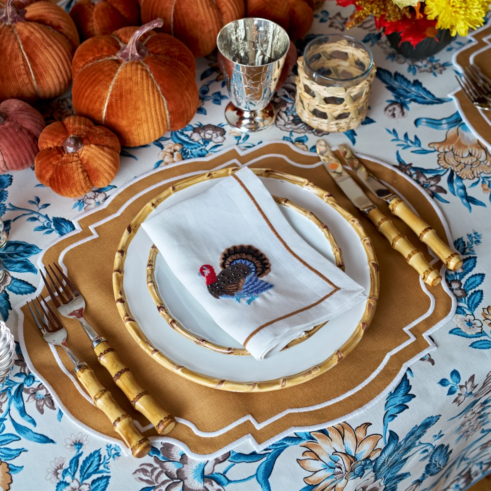 Set of 4 Carmel & White Embroidered Placemats