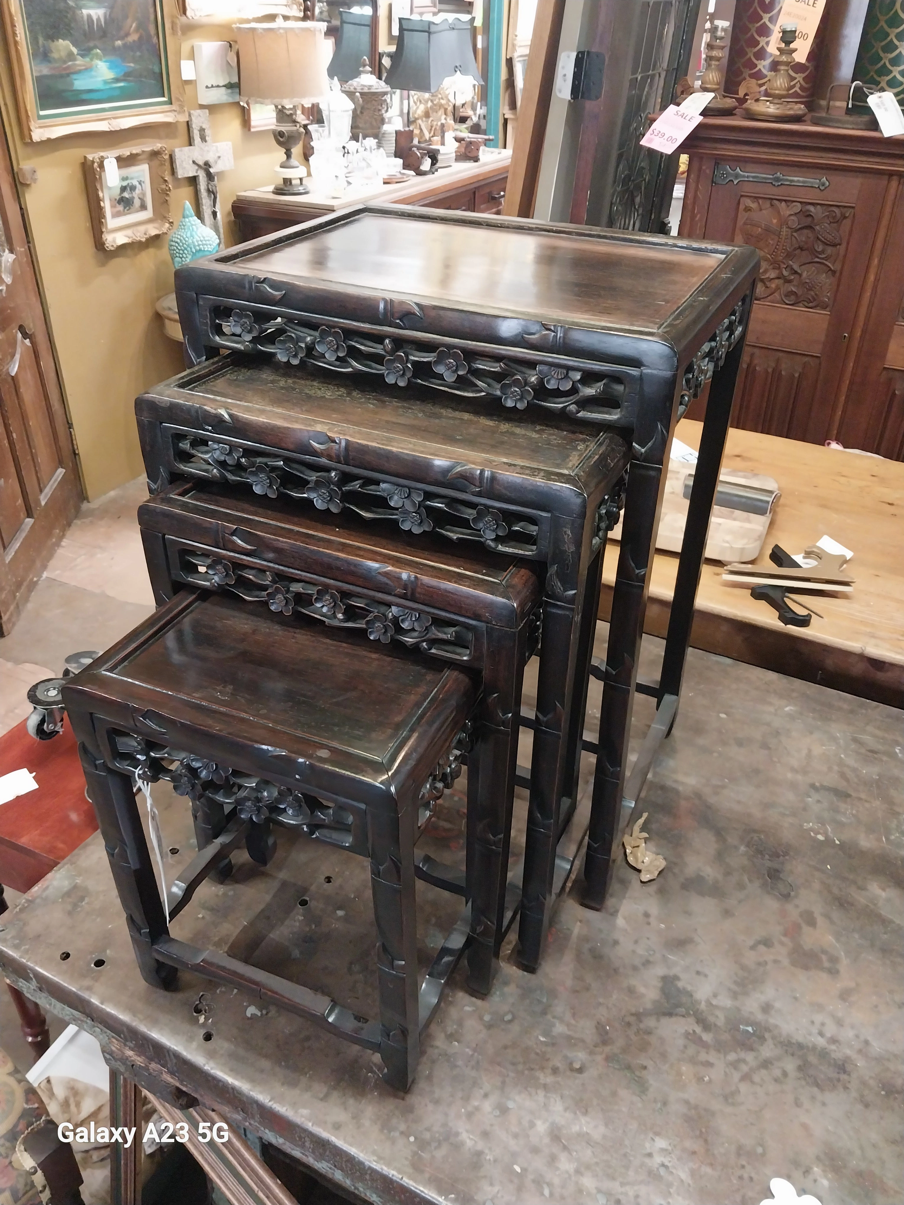 SET OF 4 FLORAL CARVED CHINESE NESTING TABLES