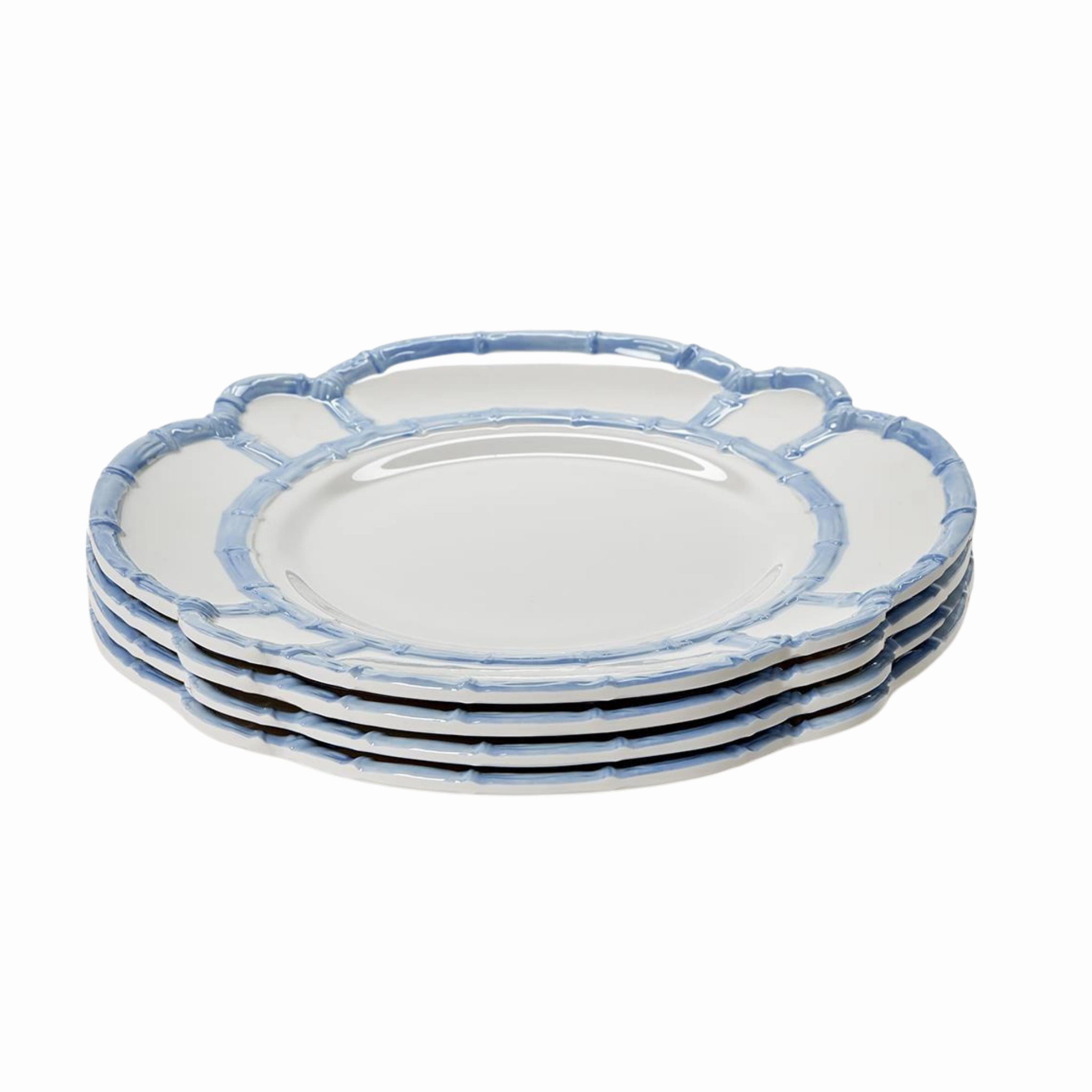Set of 4 French Blue Bamboo Touch Dinner Plates with Bamboo Rim