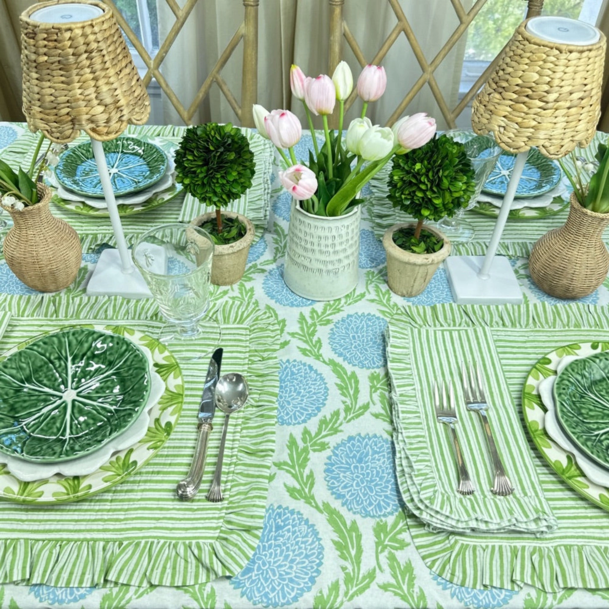 Set of 4 Green Striped Quilted Placemats with Ruffle