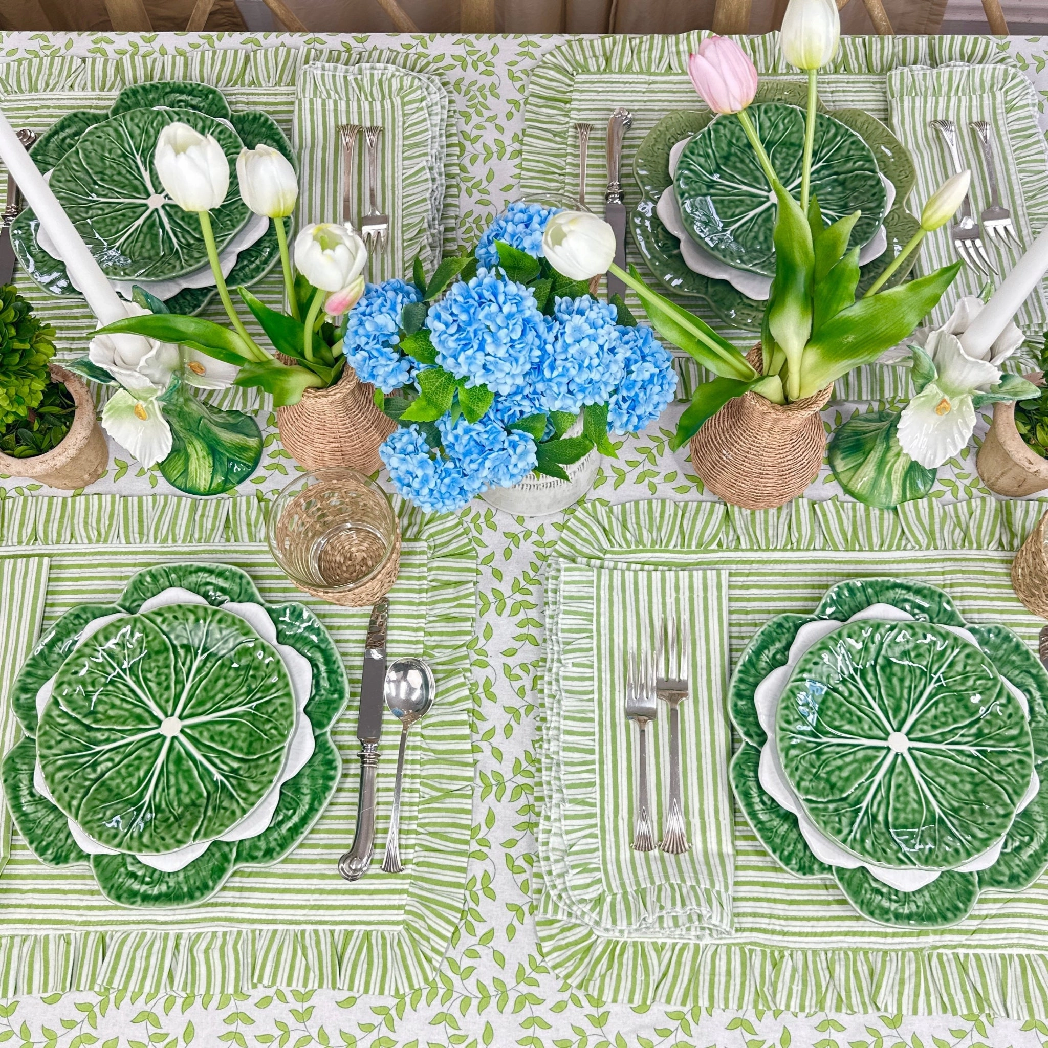 Set of 4 Green Striped Quilted Placemats with Ruffle