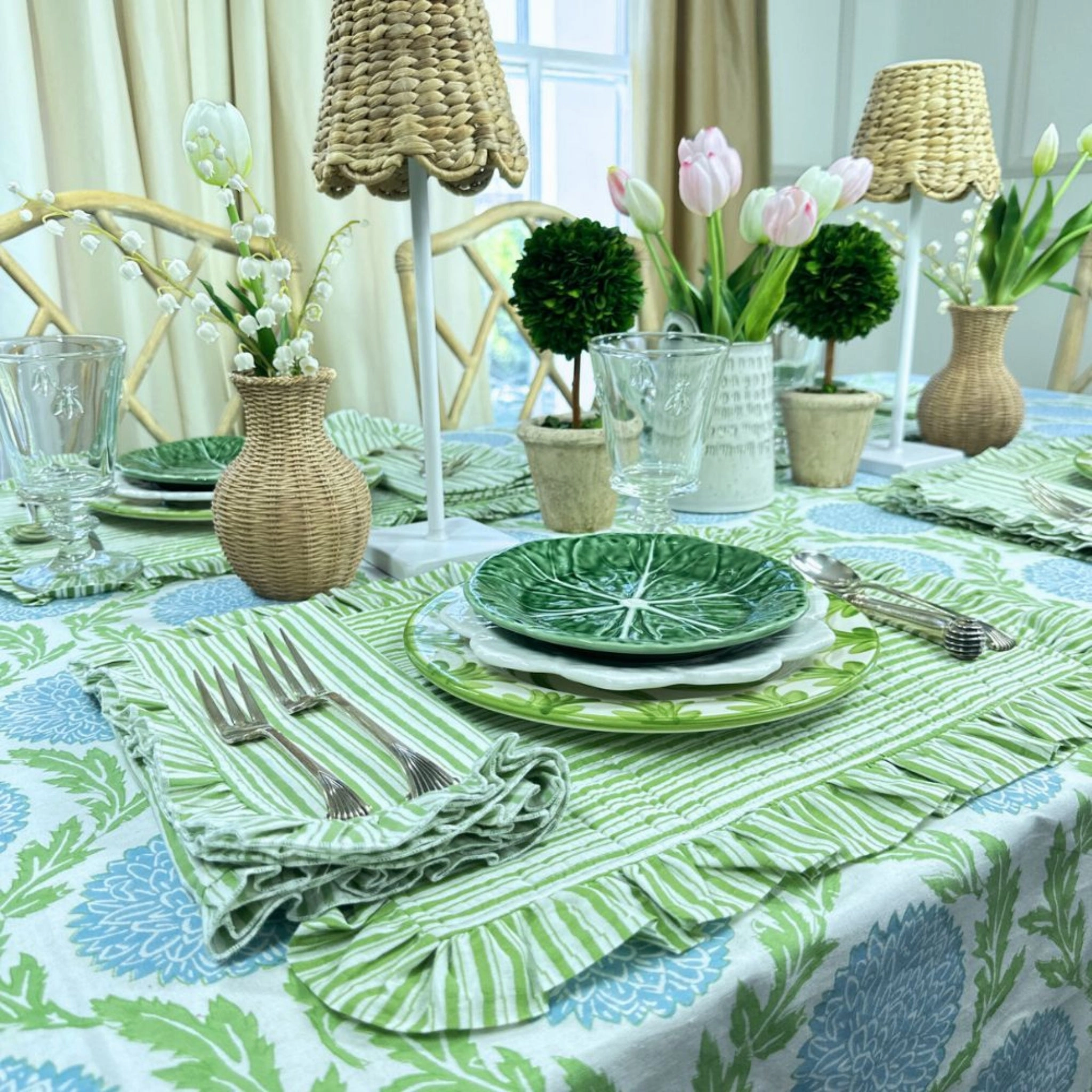 Set of 4 Green Striped Quilted Placemats with Ruffle