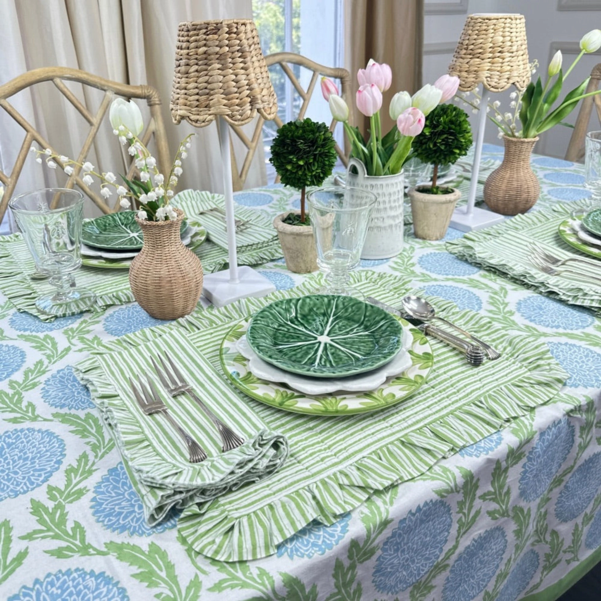 Set of 4 Green Striped Quilted Placemats with Ruffle