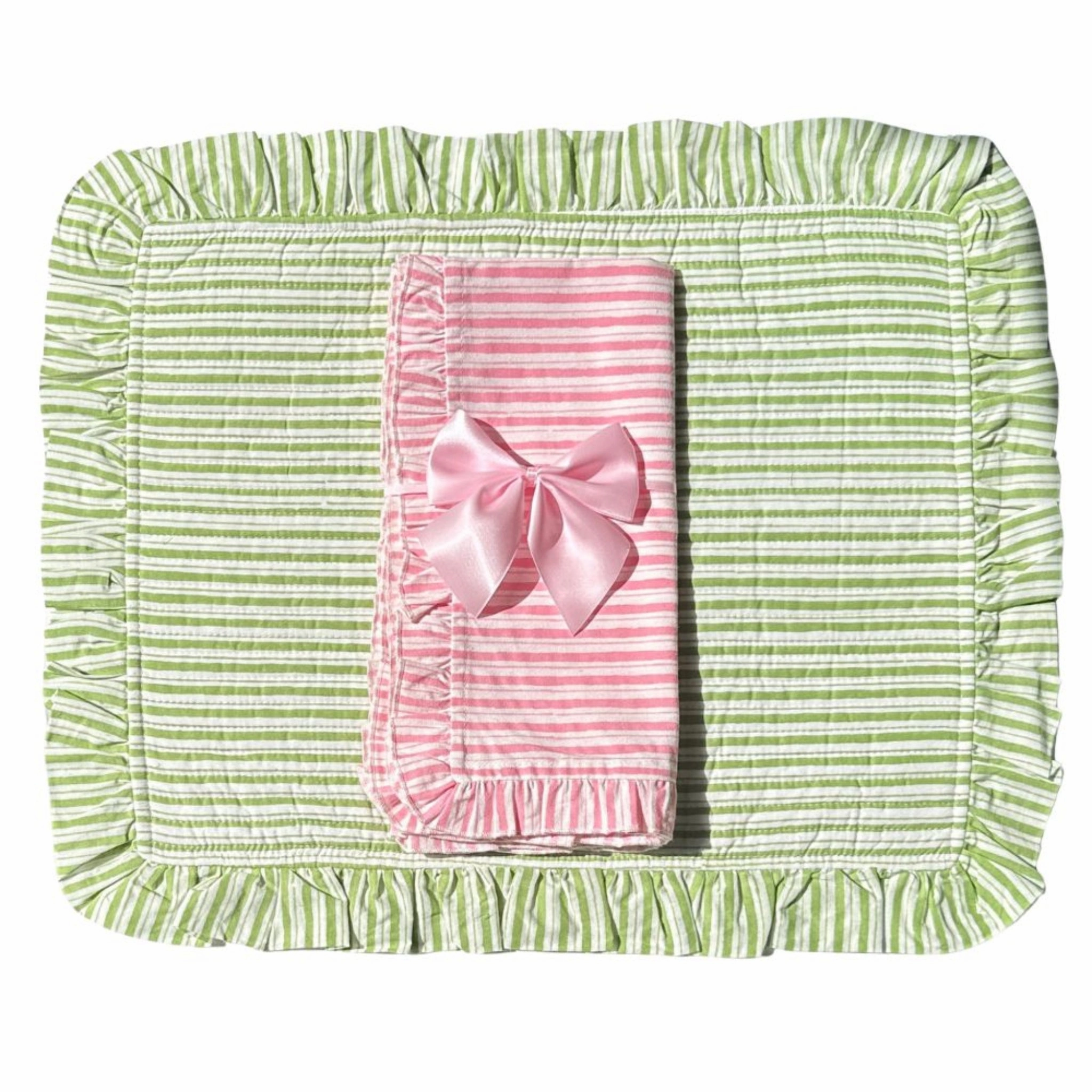 Set of 4 Green Striped Quilted Placemats with Ruffle