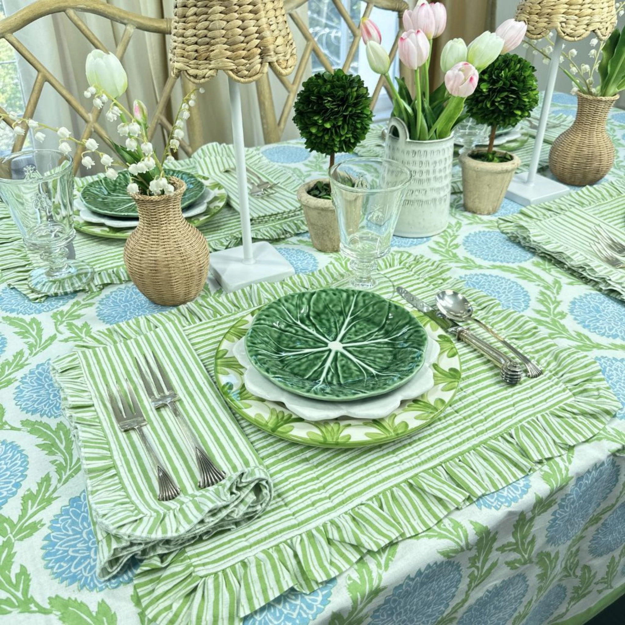 Set of 4 Green Striped Quilted Placemats with Ruffle