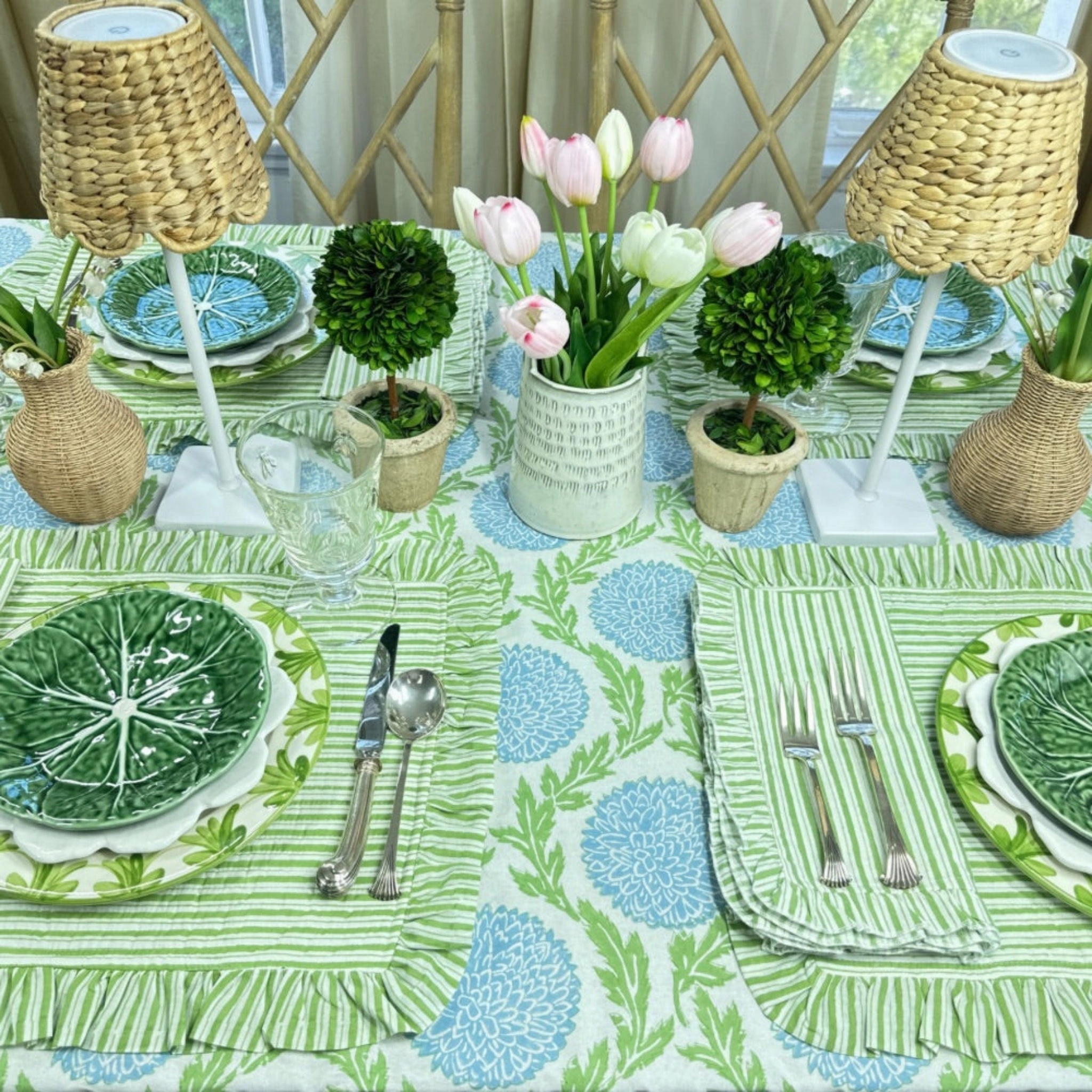 Set of 4 Green Striped Quilted Placemats with Ruffle