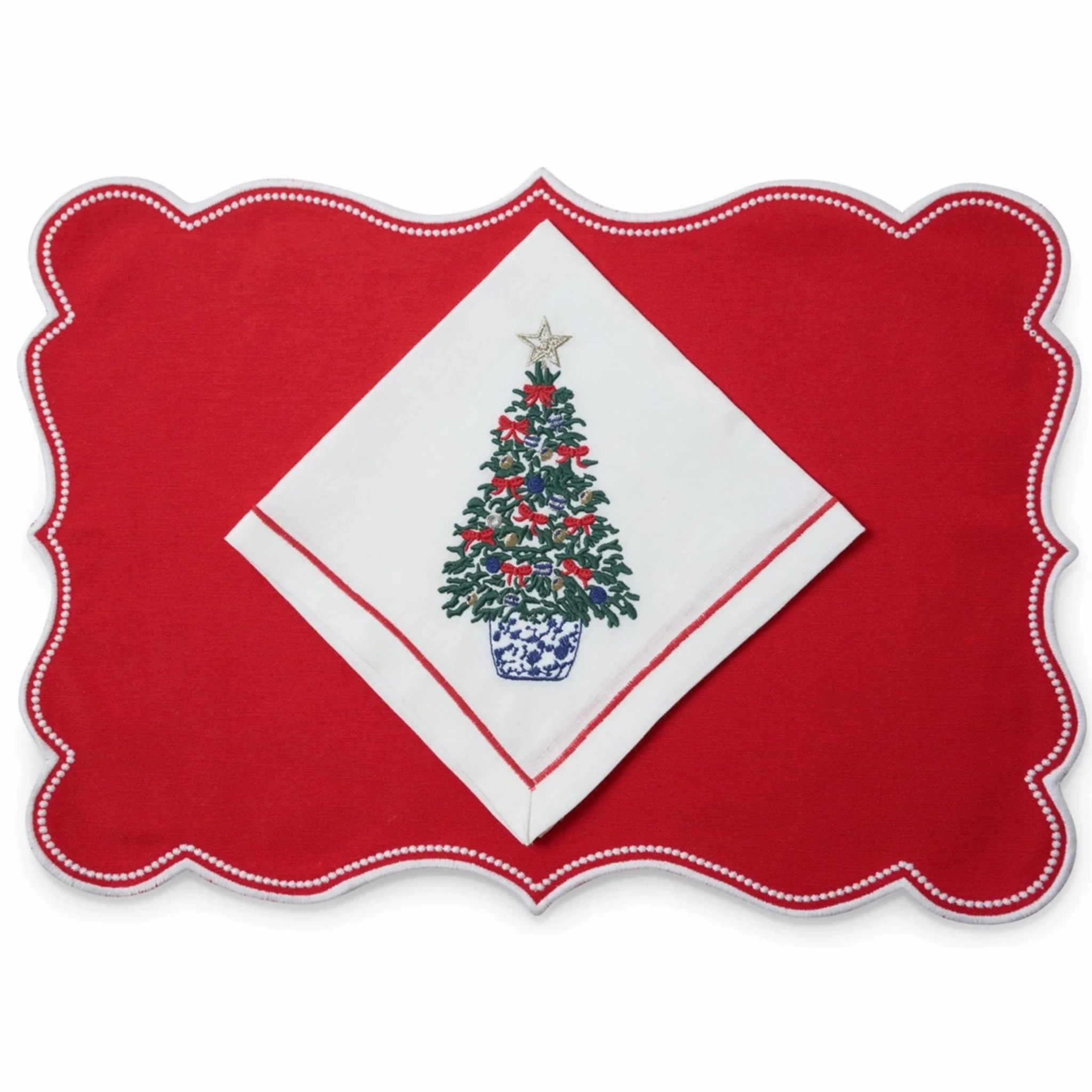 Set of 4 Noel Red & White Embroidered Placemats