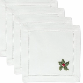Set of 4 White Cotton Holly Christmas Cocktail Napkins mini desktop sculpture